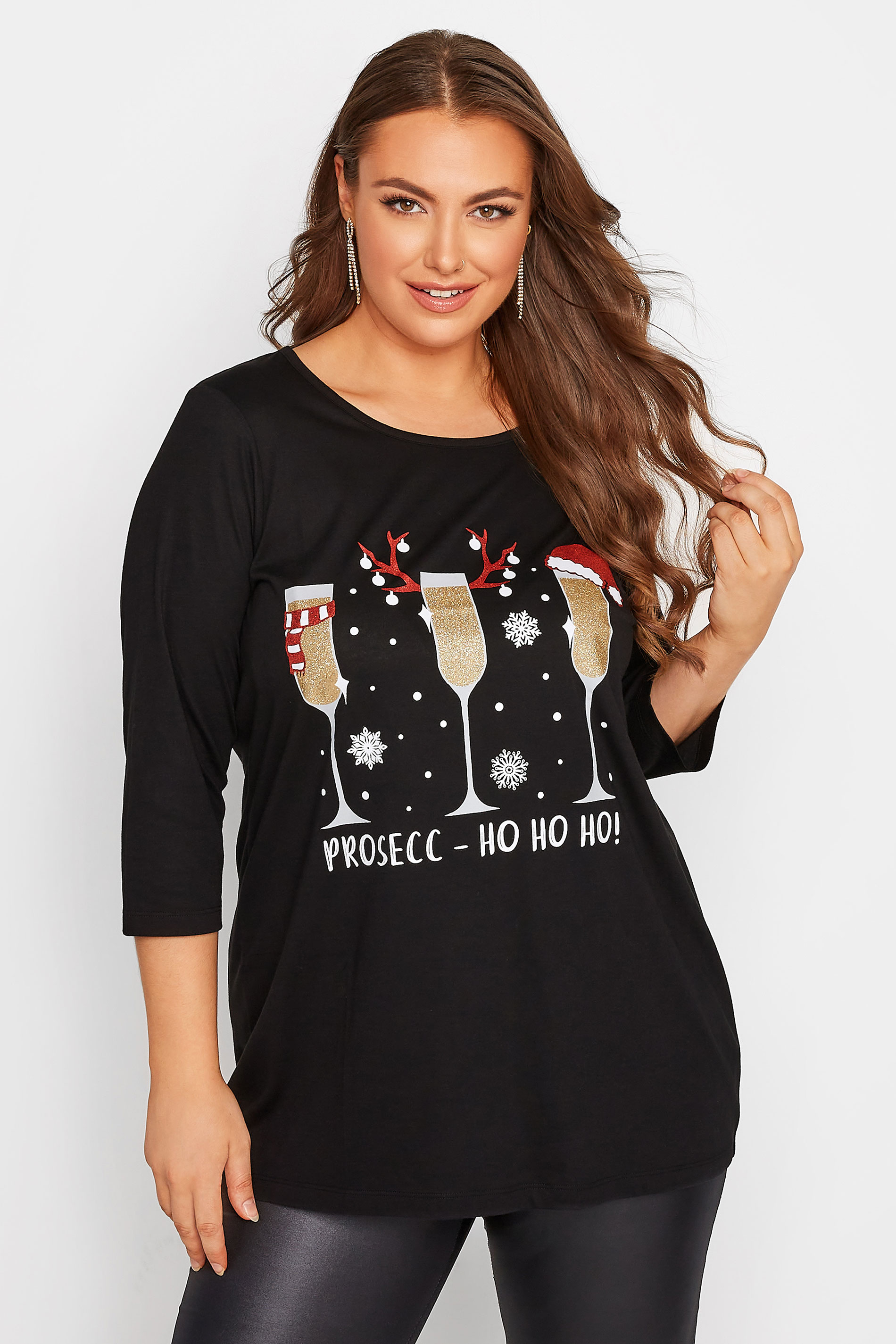 Plus Size Black 'Prosecc-Ho Ho Ho' Slogan Glitter Christmas T-shirt | Yours Clothing 1