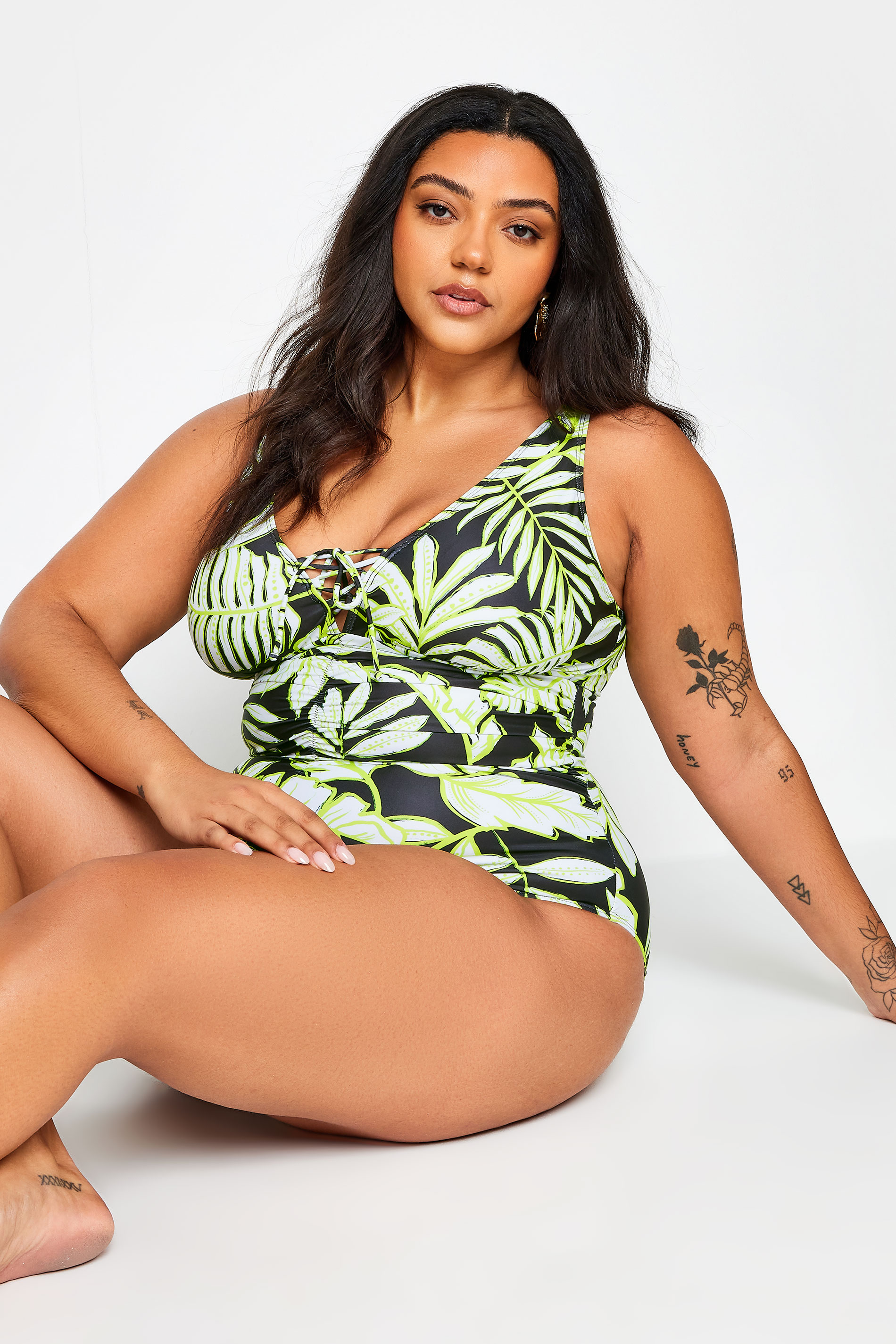 YOURS Plus Size Black Leaf Print Plunge Tummy Control Swimsuit | Yours Clothing 3