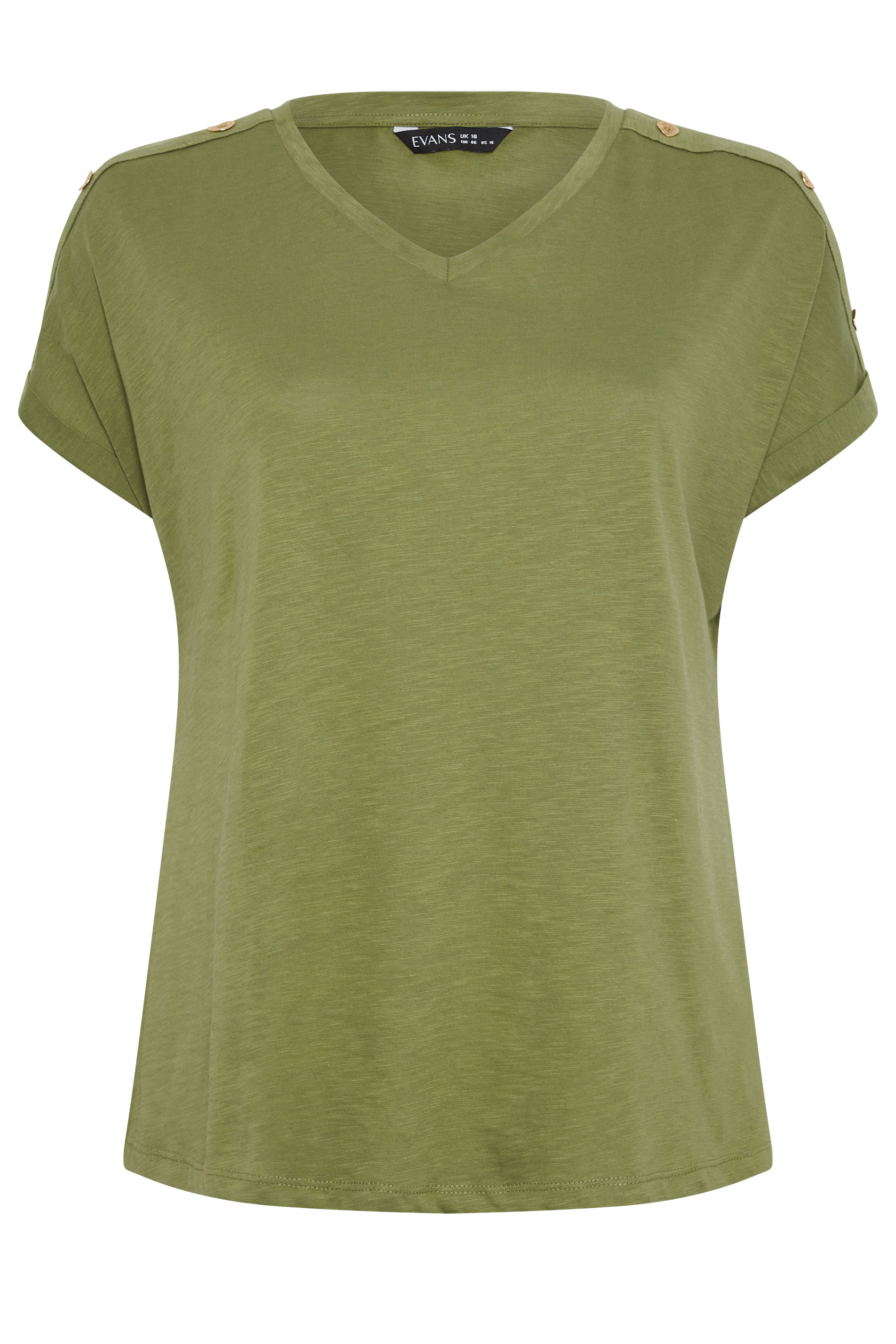 EVANS Plus Size Khaki Green Button Shoulder T-Shirt | Evans 5