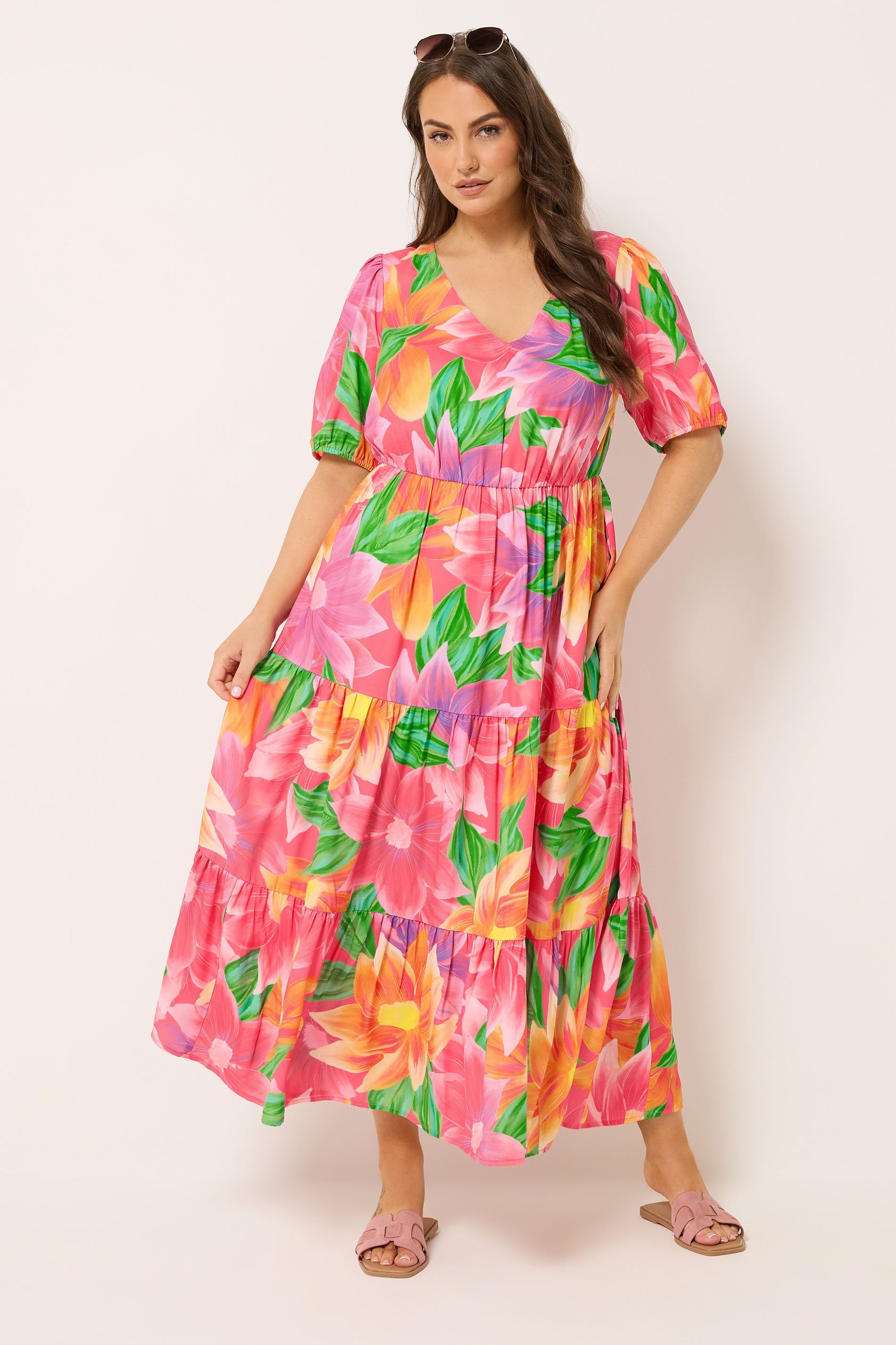 YOURS Curve Pink Floral Puff Sleeve Tiered Maxi Dress | Yours Clothing 3