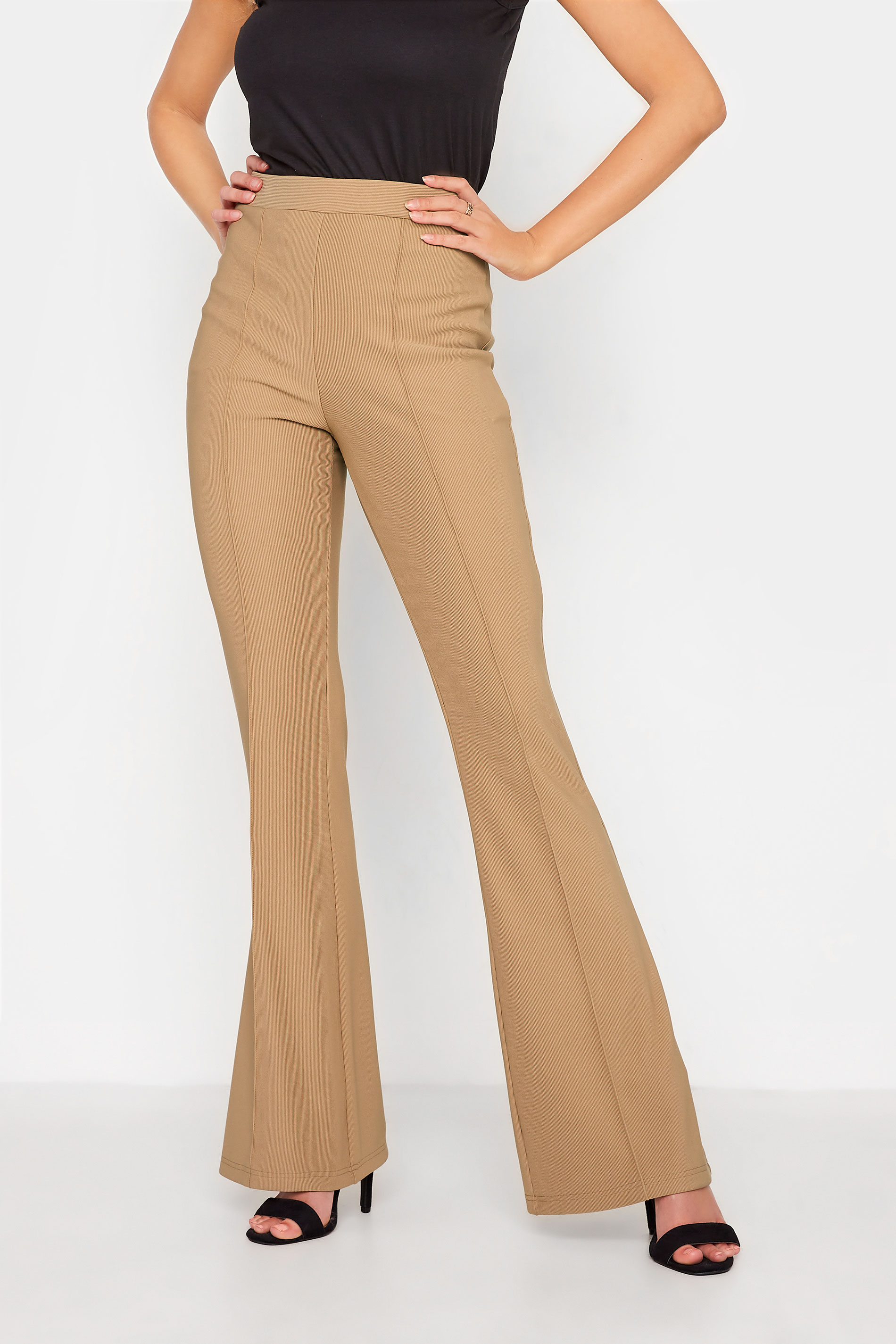 LTS Tall Camel Brown Ribbed Kick Flare Trousers_A.jpg