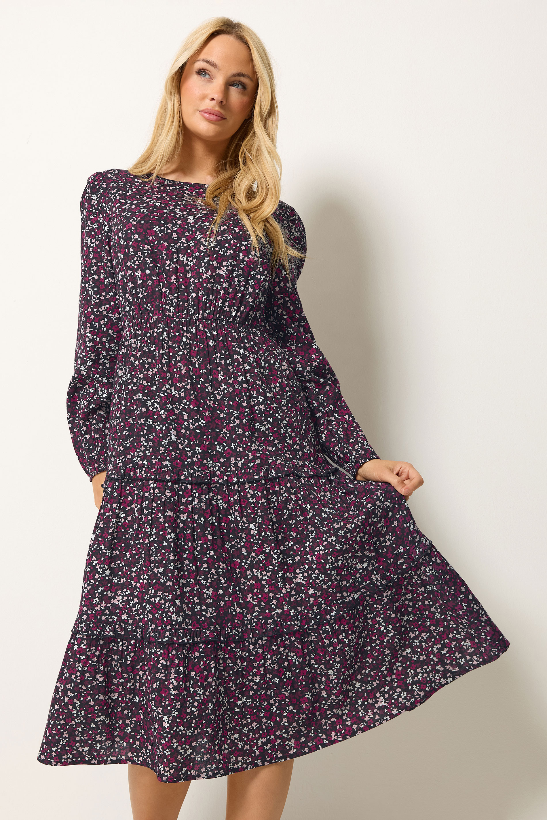 M&Co Berry Purple Ditsy Floral Print Ruffle Midi Dress | M&Co 3