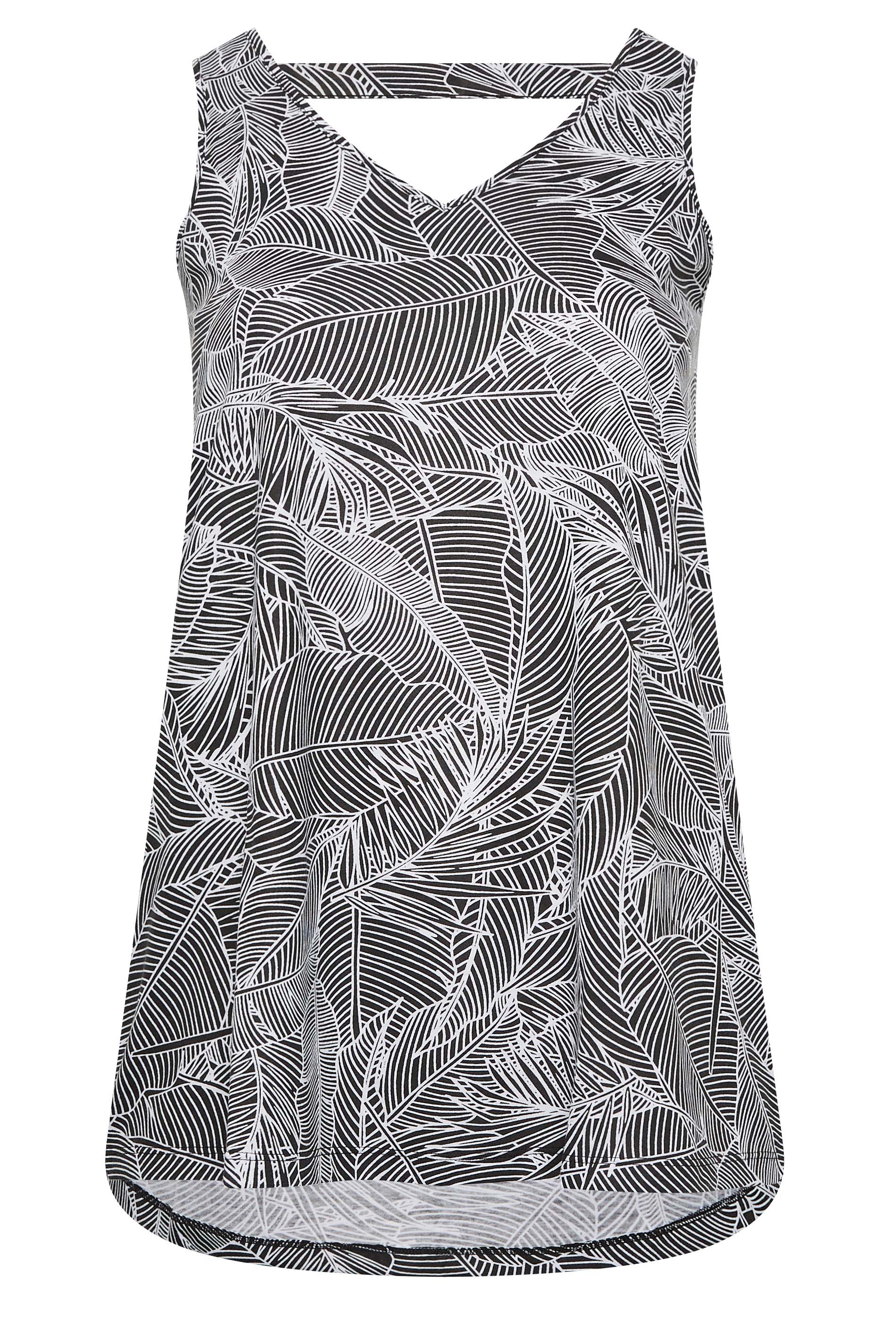 YOURS Plus Size Black Leaf Print Bar Back Vest Top | Yours Clothing