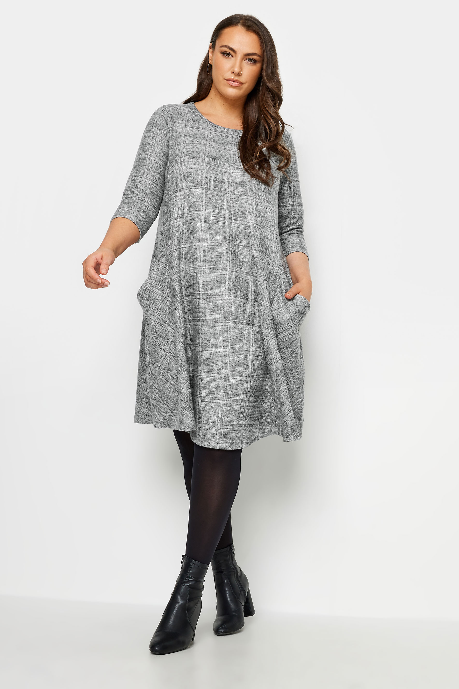 YOURS Plus Size Grey Check Print Soft Touch Mini Dress | Yours Clothing 2