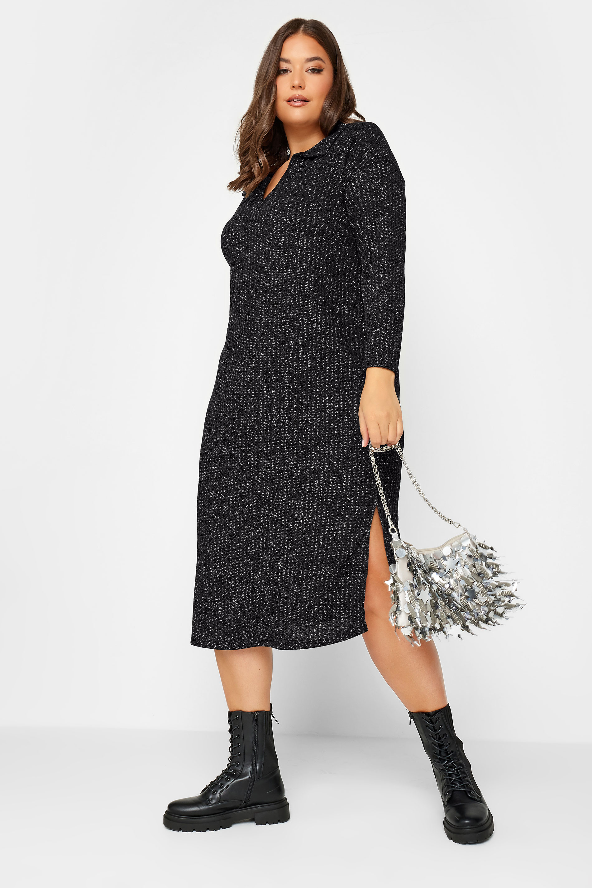 Curve Plus Size Black Ribbed Collar Midi Dress | Yours Clothing  1