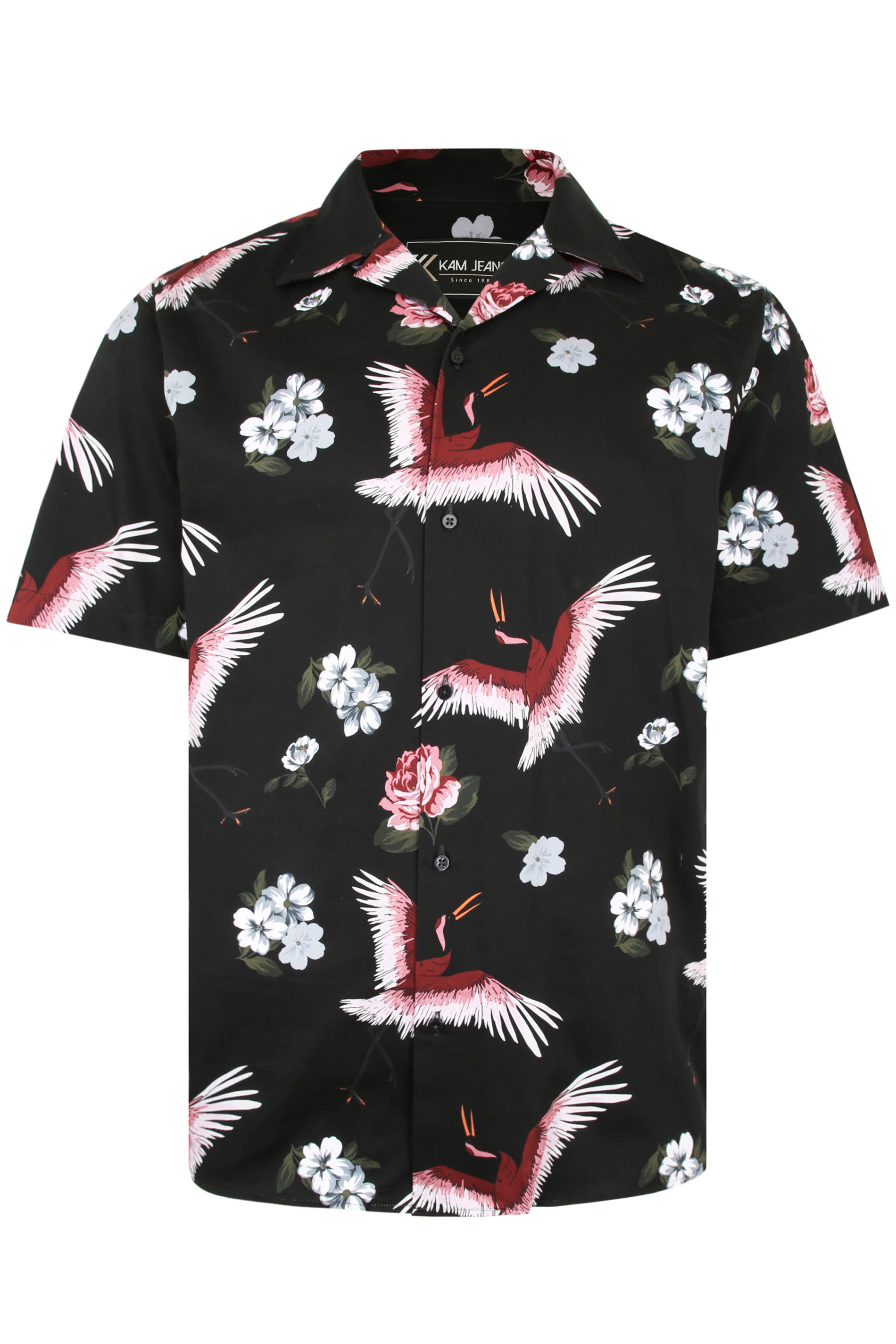 KAM Big & Tall Black Floral Flamingo Print Shirt_F.jpg