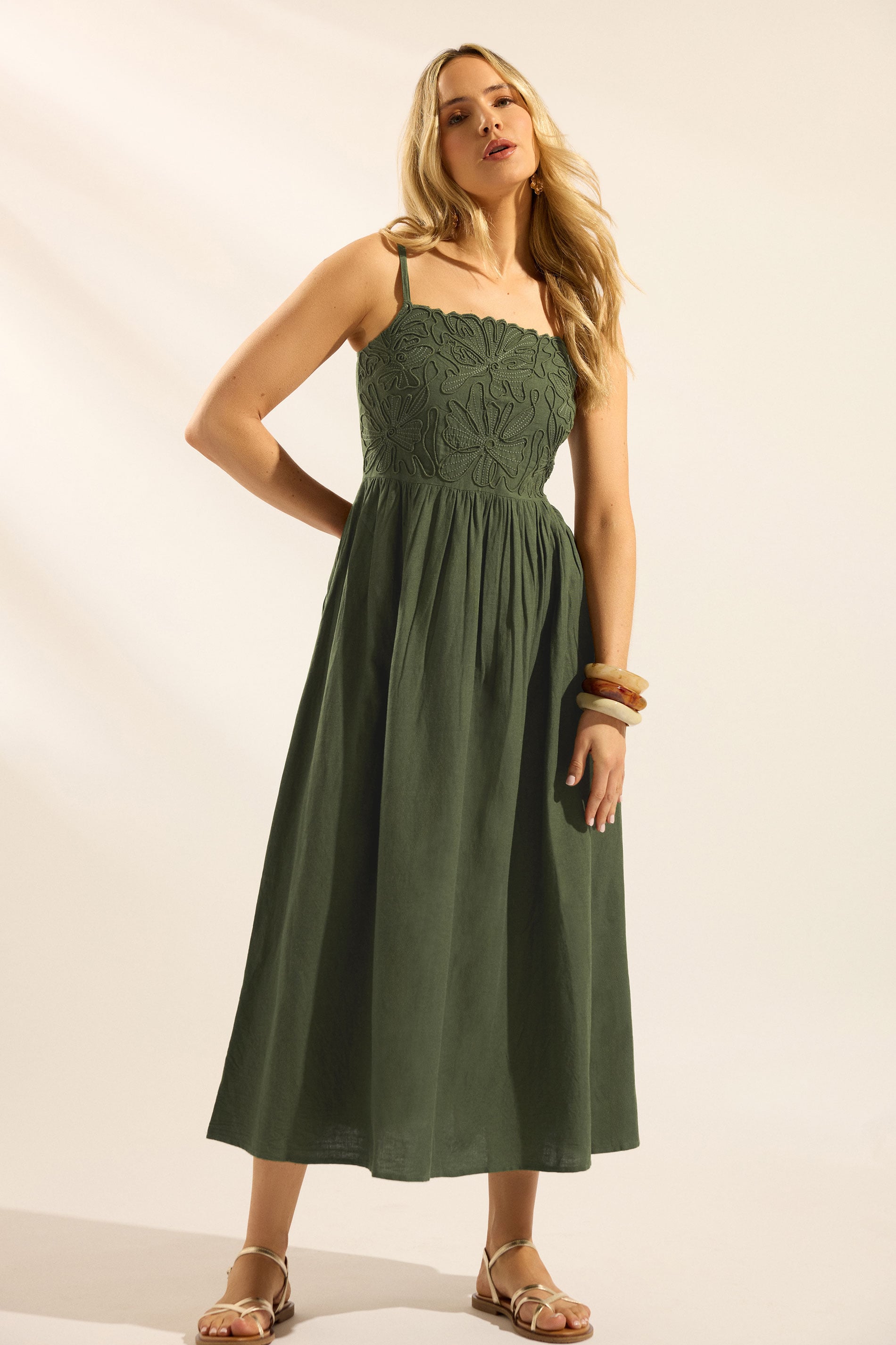 LTS Tall Women's Olive Green Linen Embroidered Midi Dress | Long Tall Sally 3