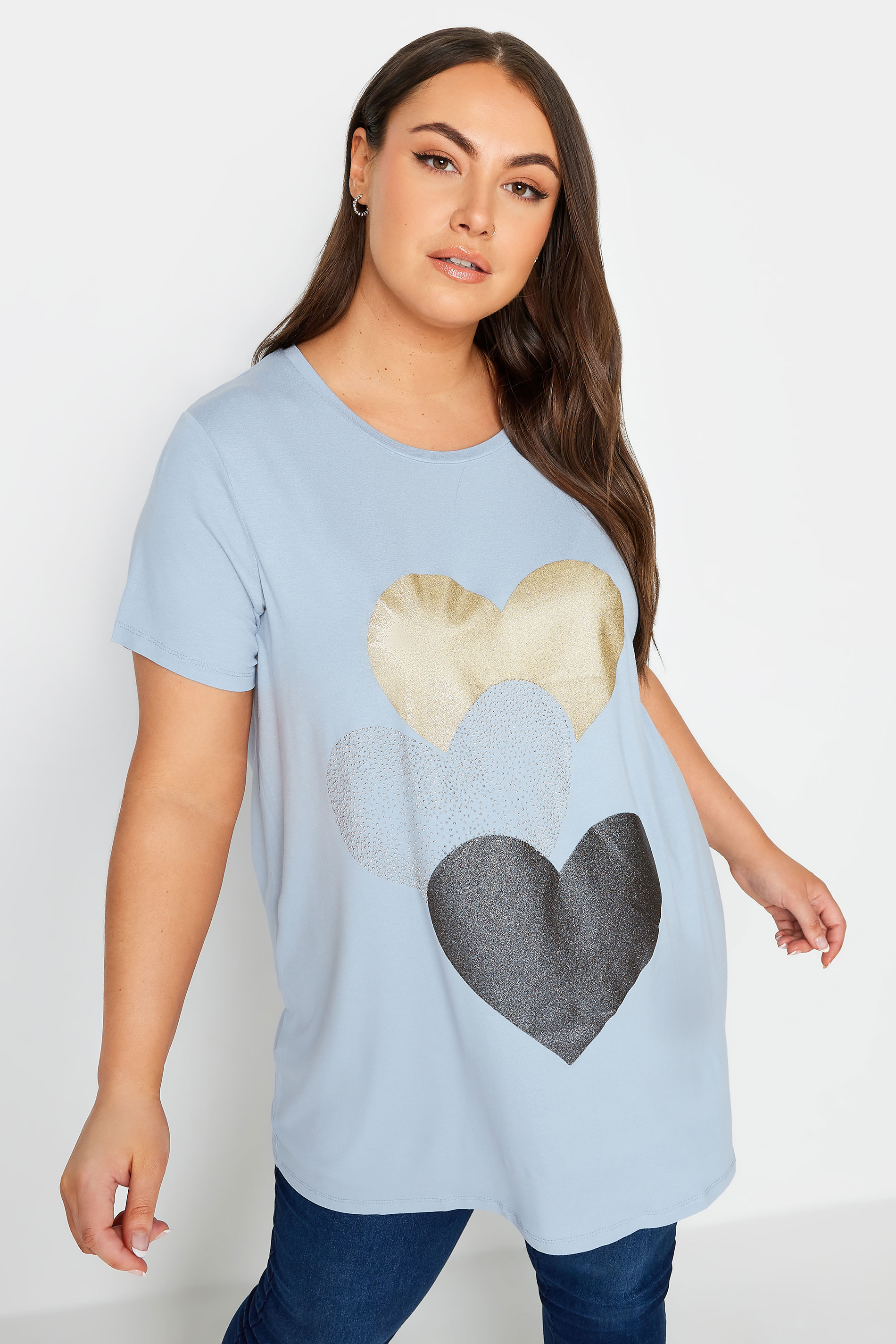 YOURS Plus Size Light Blue Glitter Heart Print T-Shirt | Yours Clothing  1