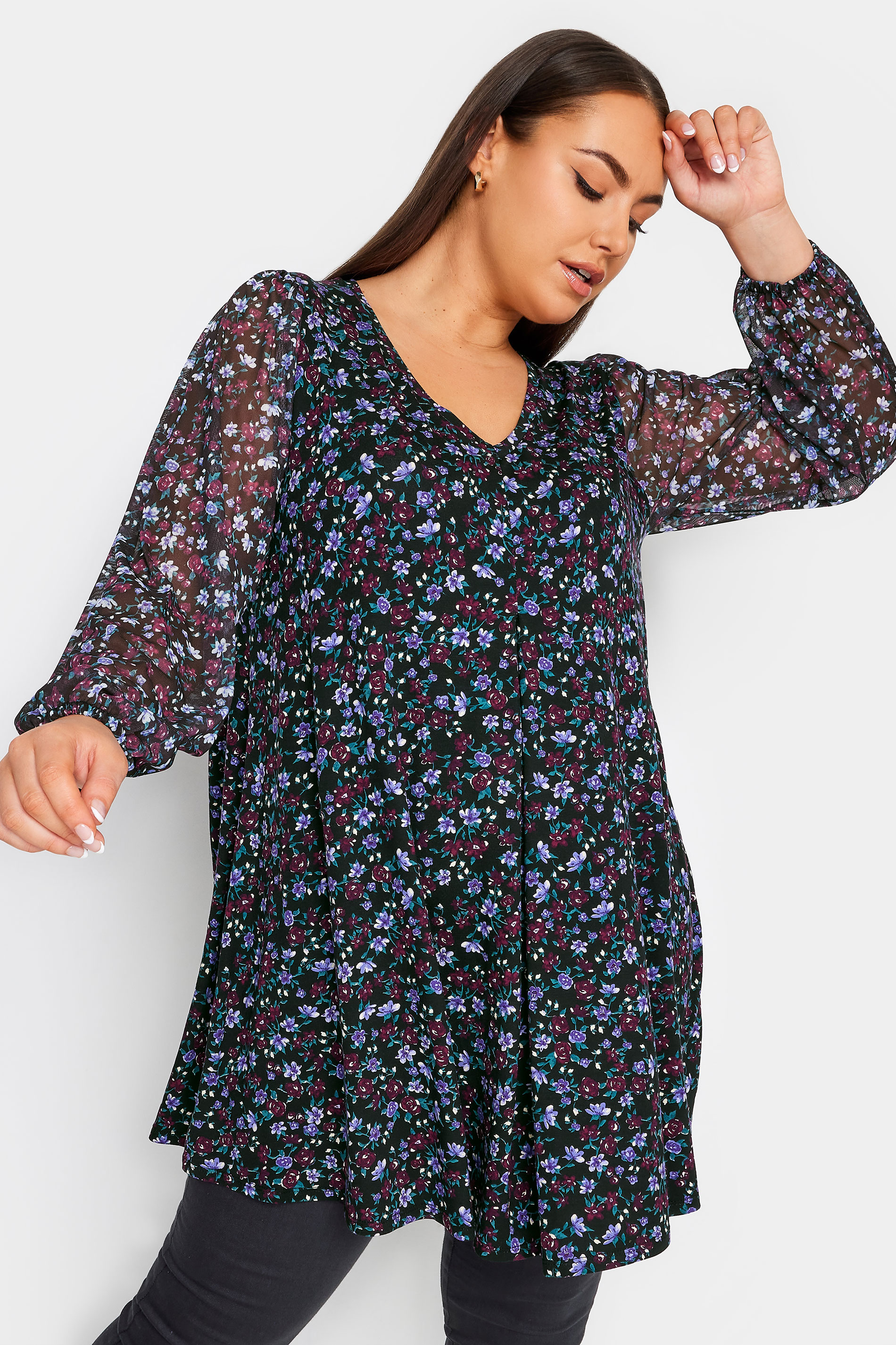 YOURS Plus Size Blue Floral Print Mesh Sleeve Top | Yours Clothing 1