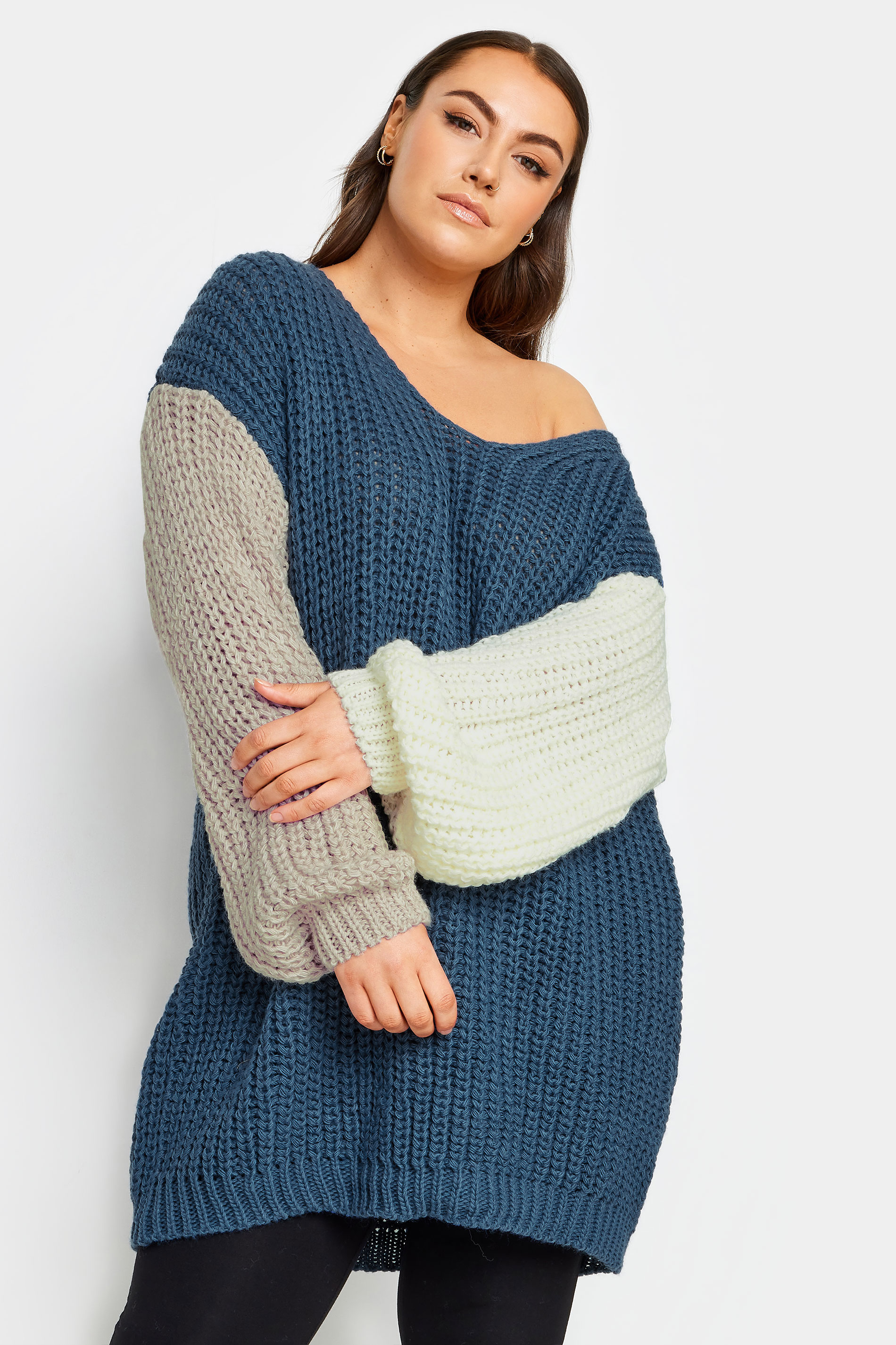 YOURS Plus Size Navy Blue Colourblock Chunky Knit Jumper | Yours Clothing 1
