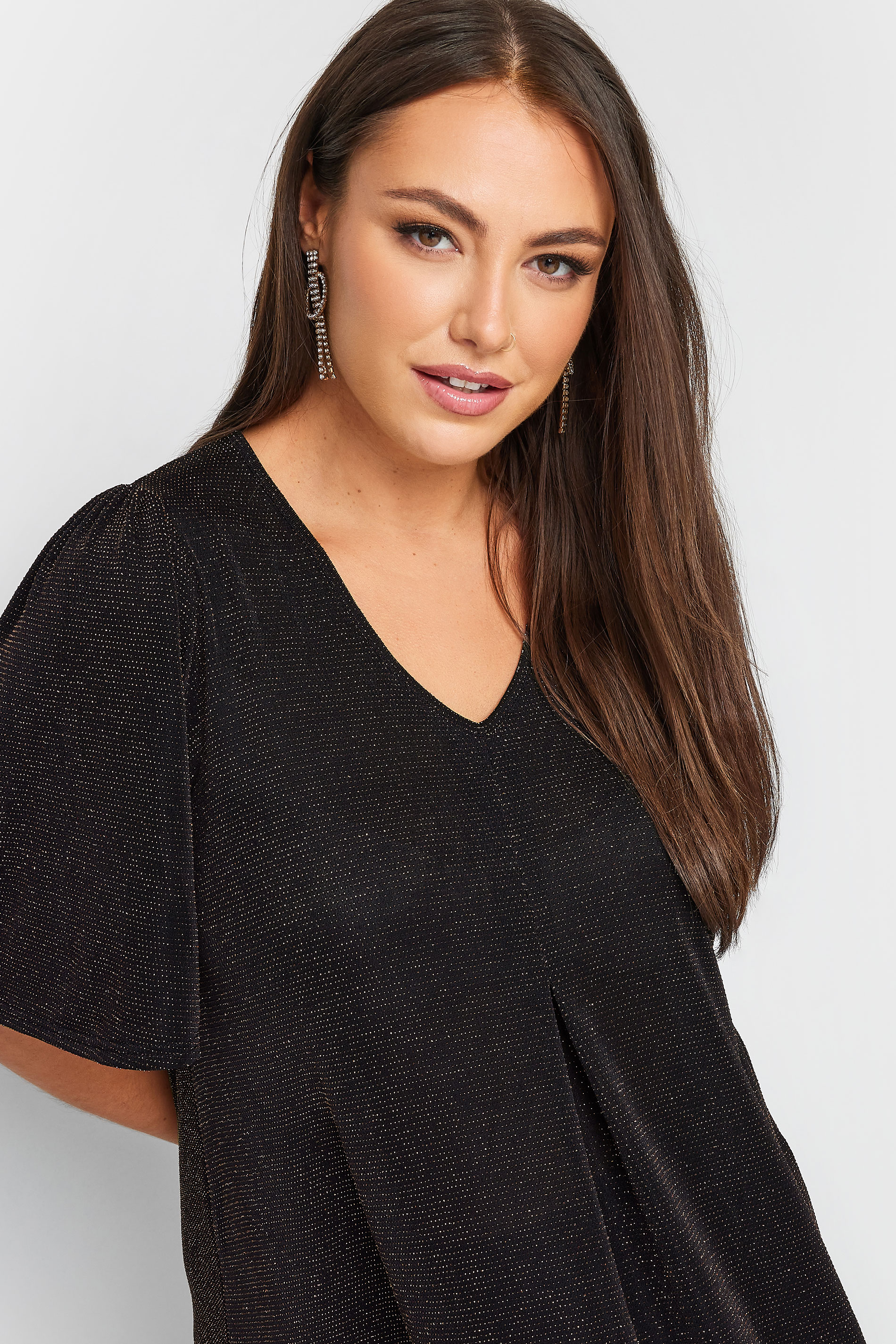 YOURS Plus Size Black & Pink Glitter Pleated Swing Top | Yours Clothing