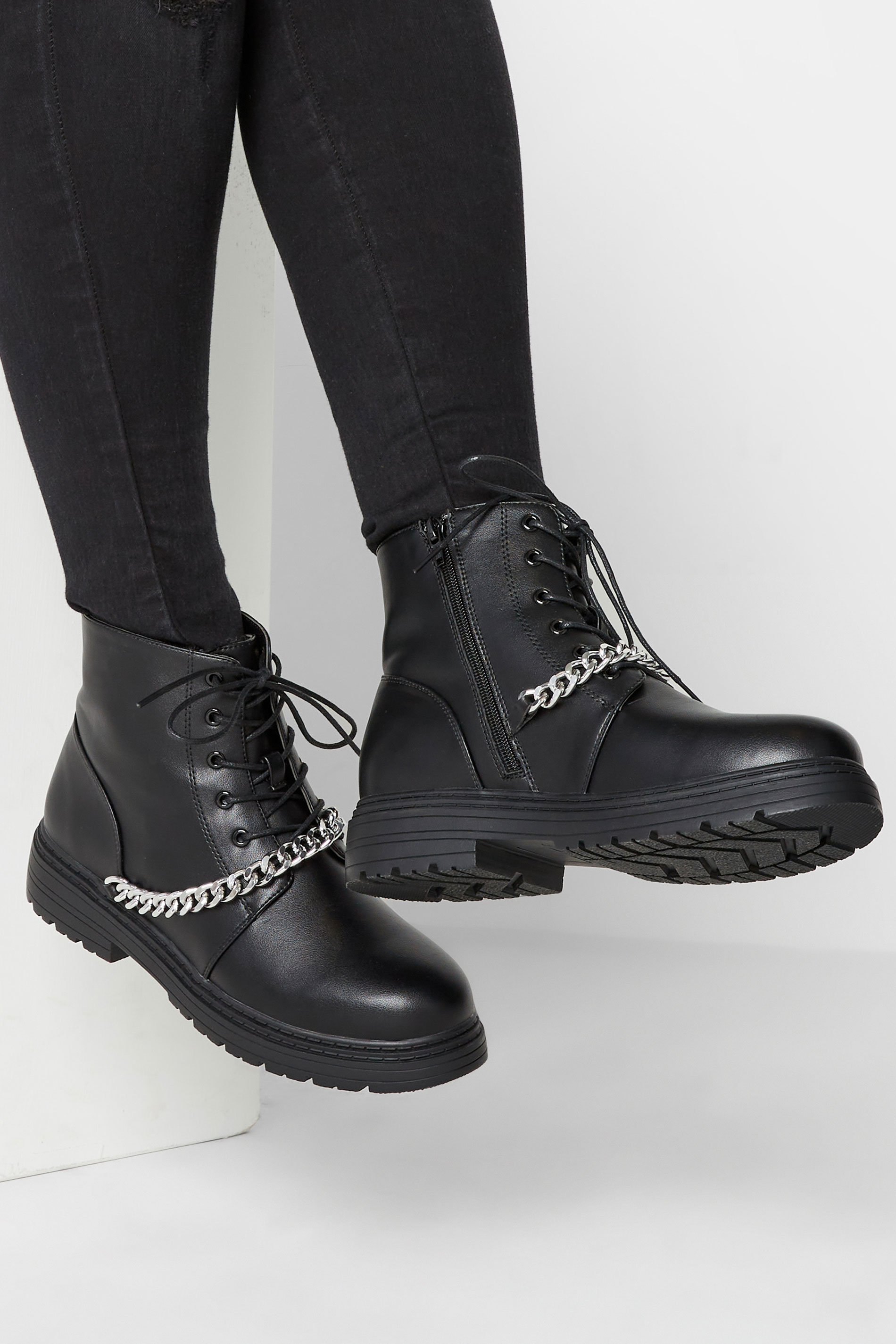 Black Chain Lace Up Boots In Wide E Fit & Extra Wide EEE Fit 1