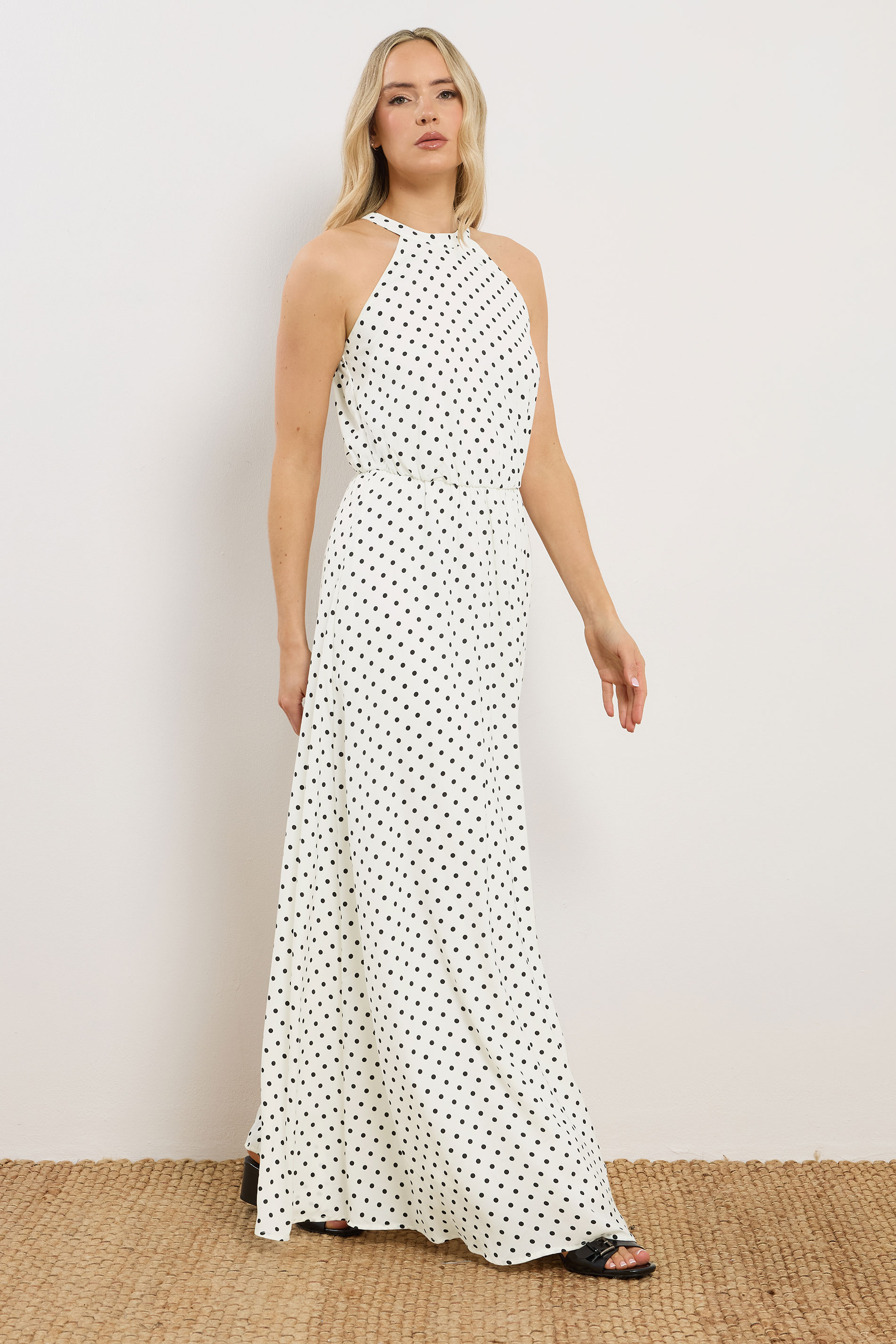 LTS Tall Women's White Satin Polka Dot Halter Neck Dress | Long Tall Sally 1