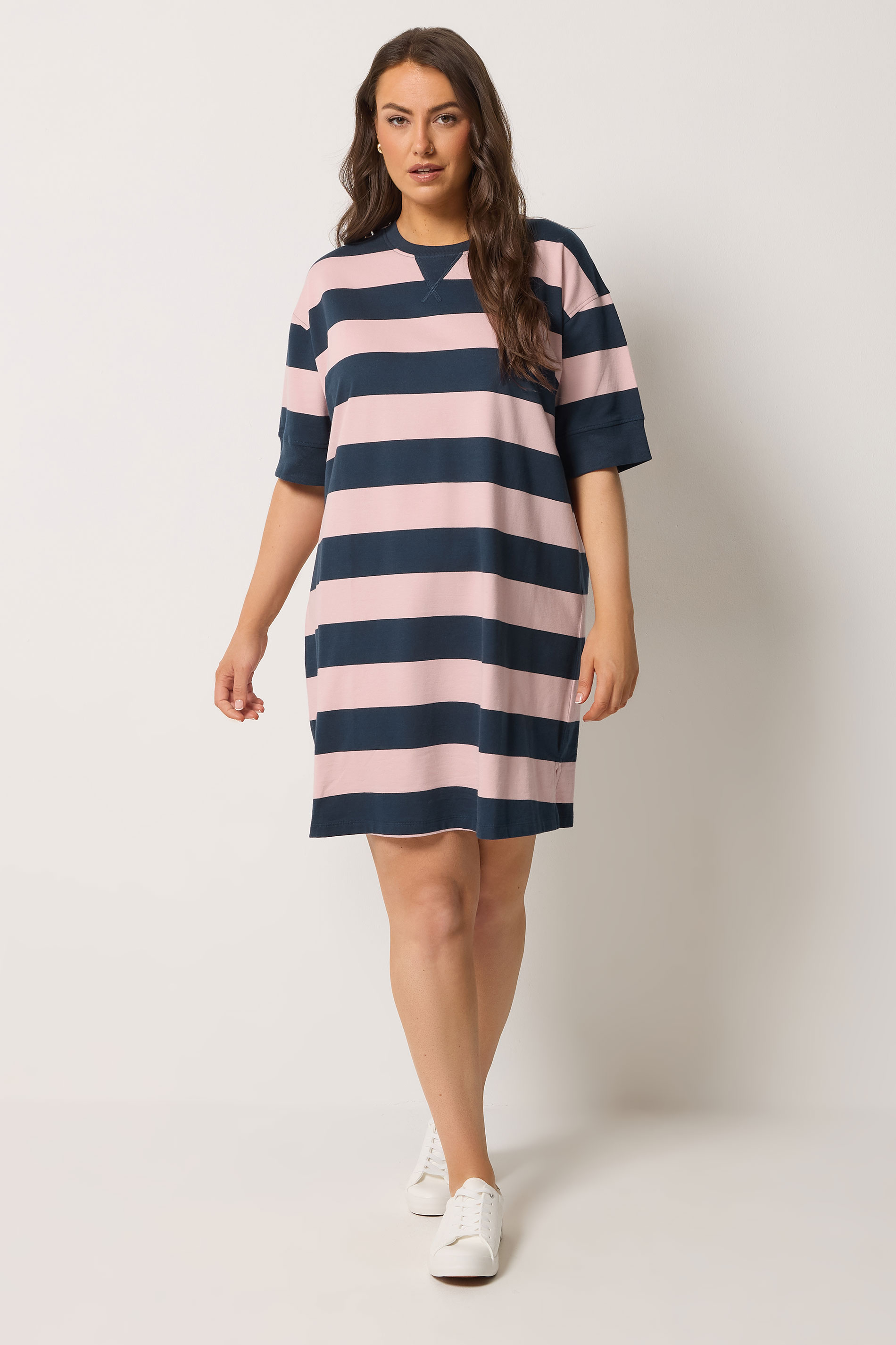 YOURS Plus Size Navy Blue & Pink Stripe T-Shirt Dress | Yours Clothing 1