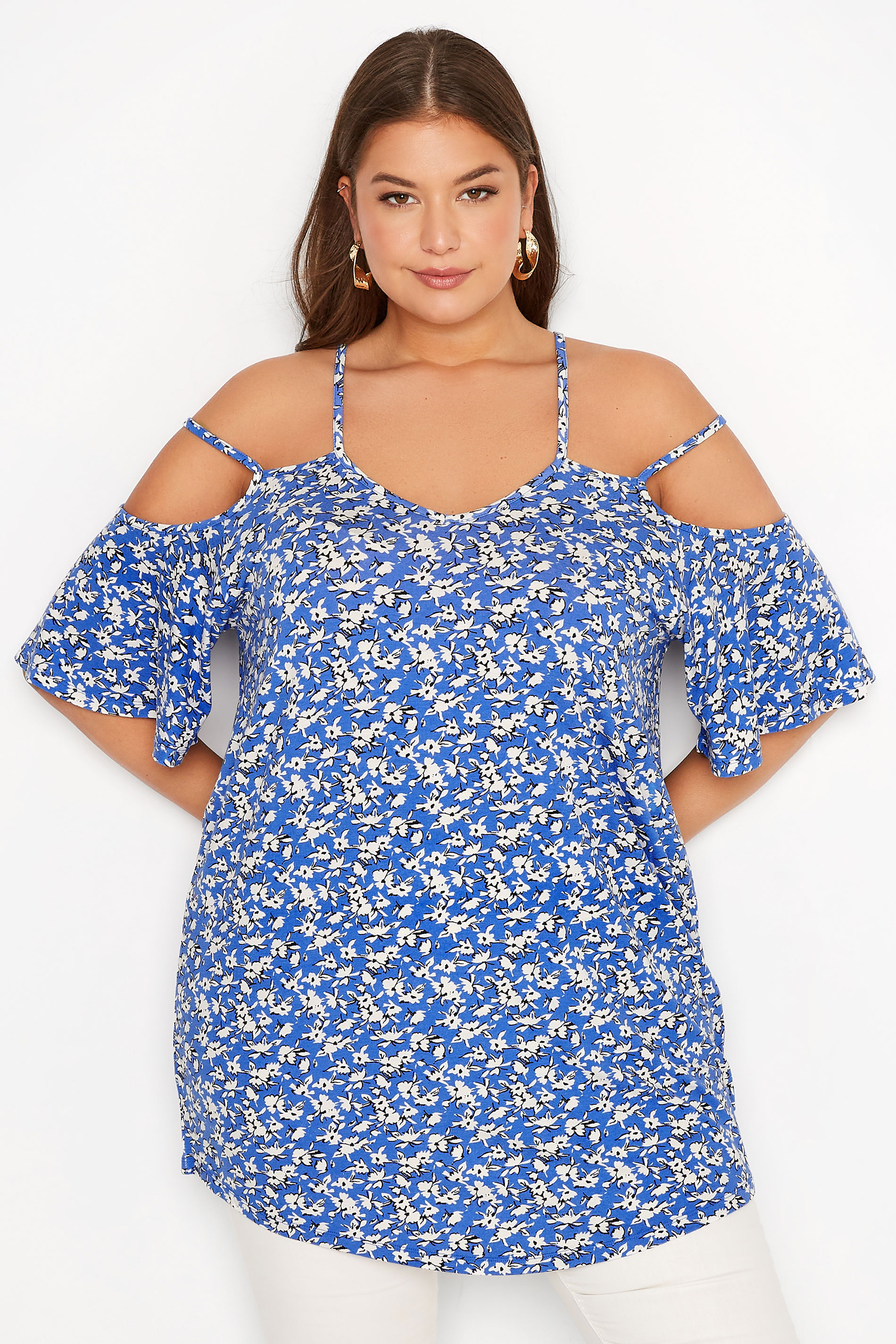 Plus Size Blue Floral Strappy Cold Shoulder Top | Yours Clothing 1