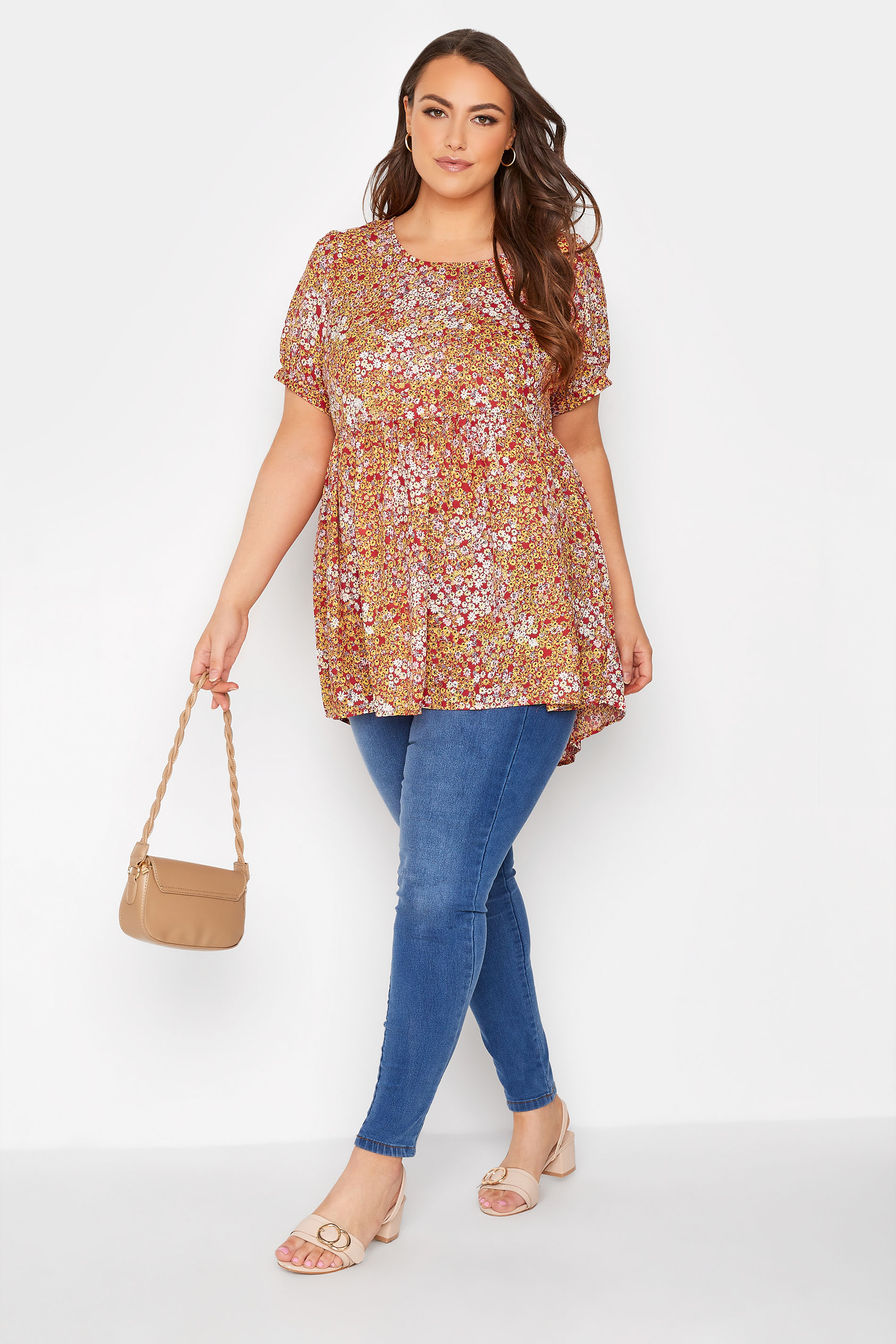 Grande taille  Tops Grande taille  Tops Jersey | Top Orange Imprimé Floral Manches Bouffantes - BN33060