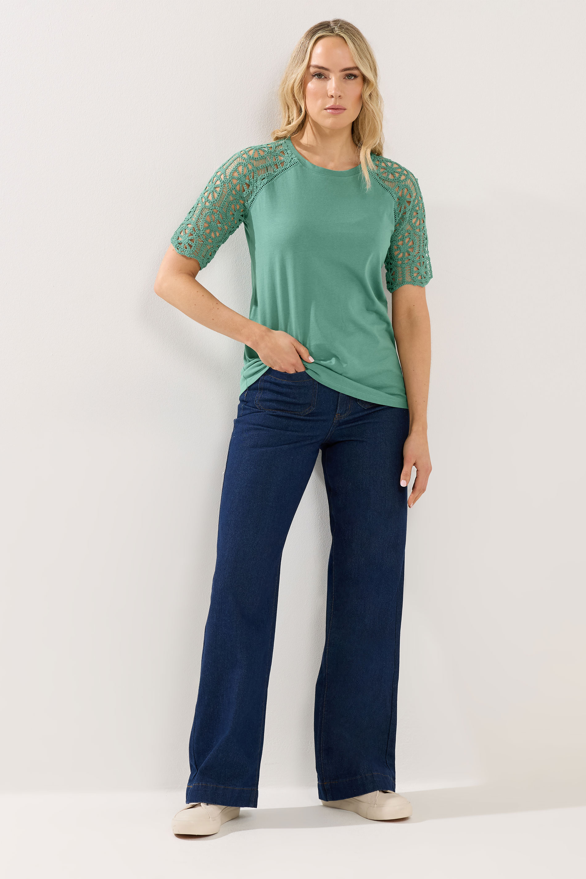 LTS Tall Women's Teal Green Crochet Raglan Cotton T-Shirt | Long Tall Sally 1