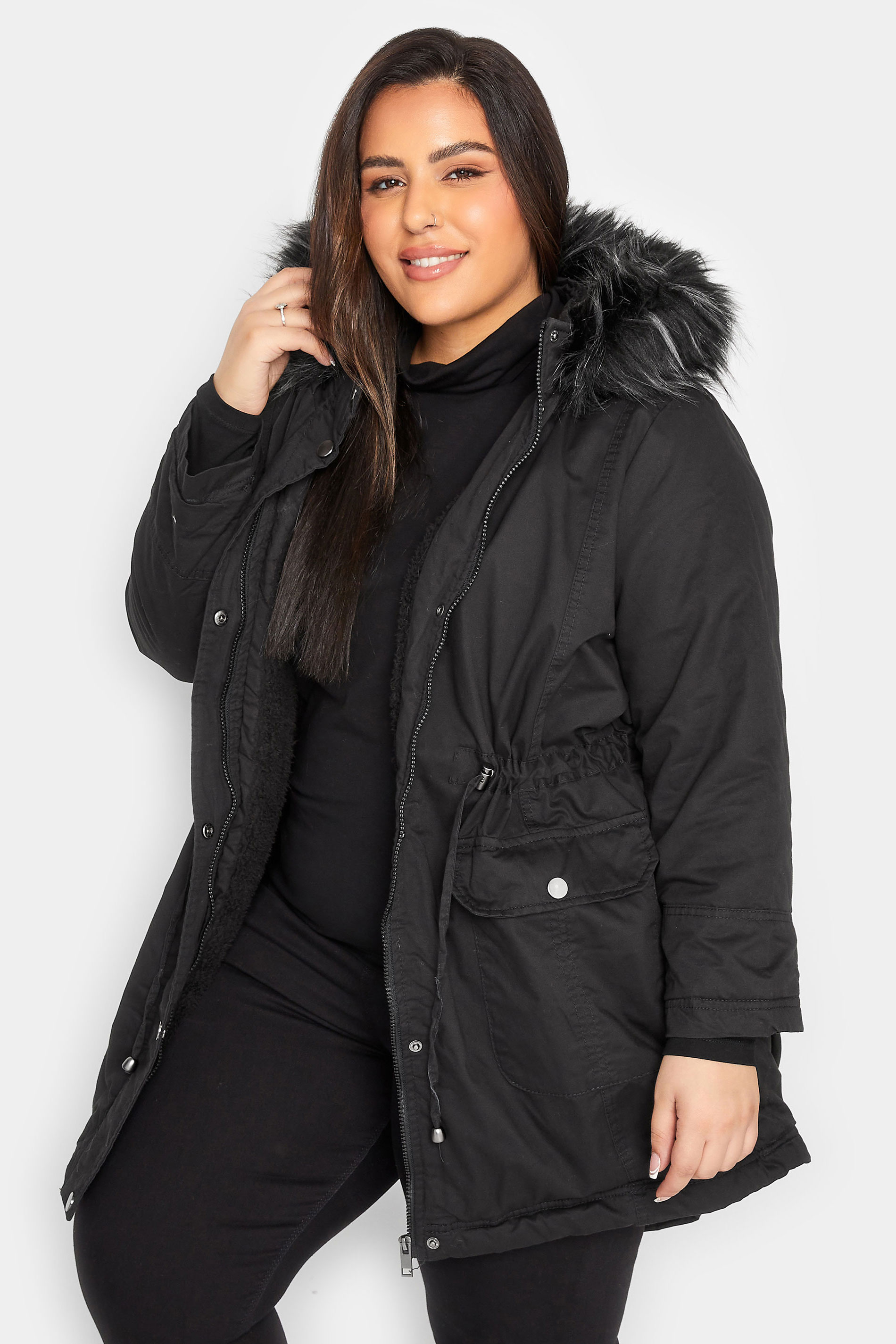 YOURS PETITE Plus Size Black Faux Fur Trim Hooded Parka Coat | Yours Clothing 1