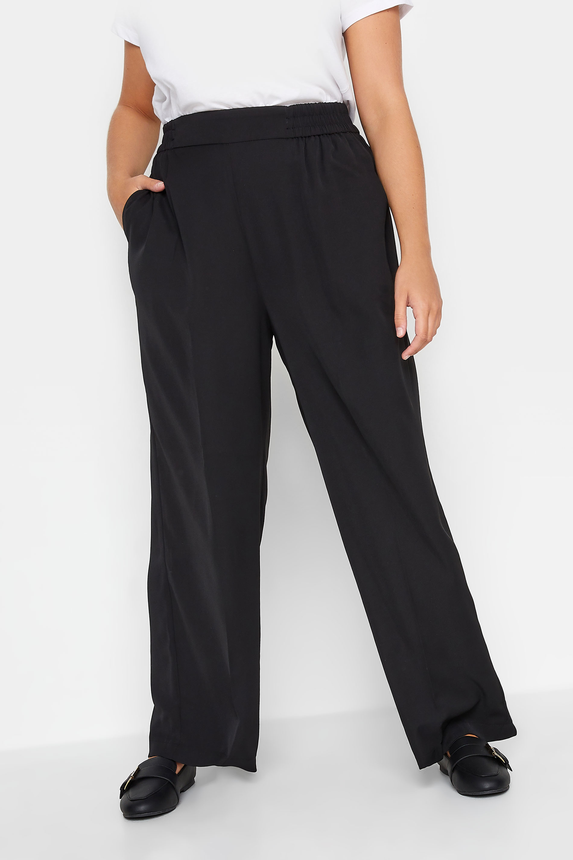 YOURS Plus Size Black Elasticated Waist Pull-On Wide Leg Trousers | Yours Clothing 1