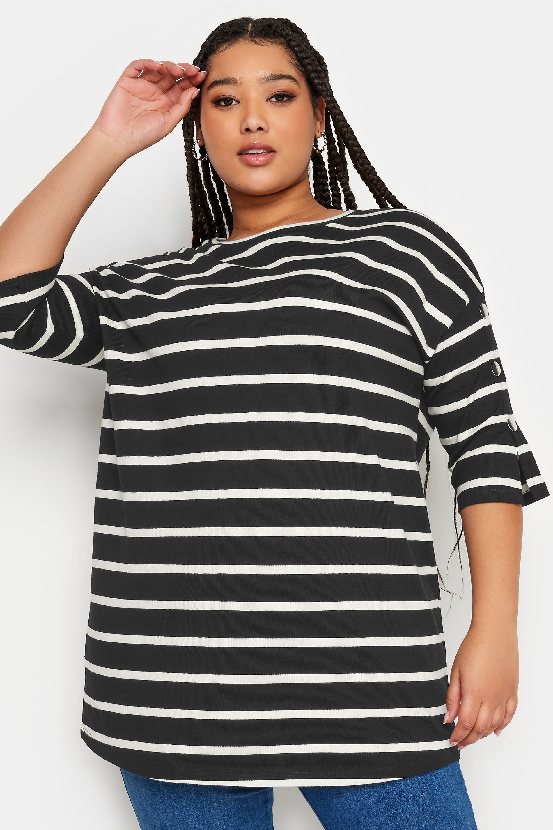YOURS Plus Size Black Striped Button Sleeve Top | Yours Clothing 1