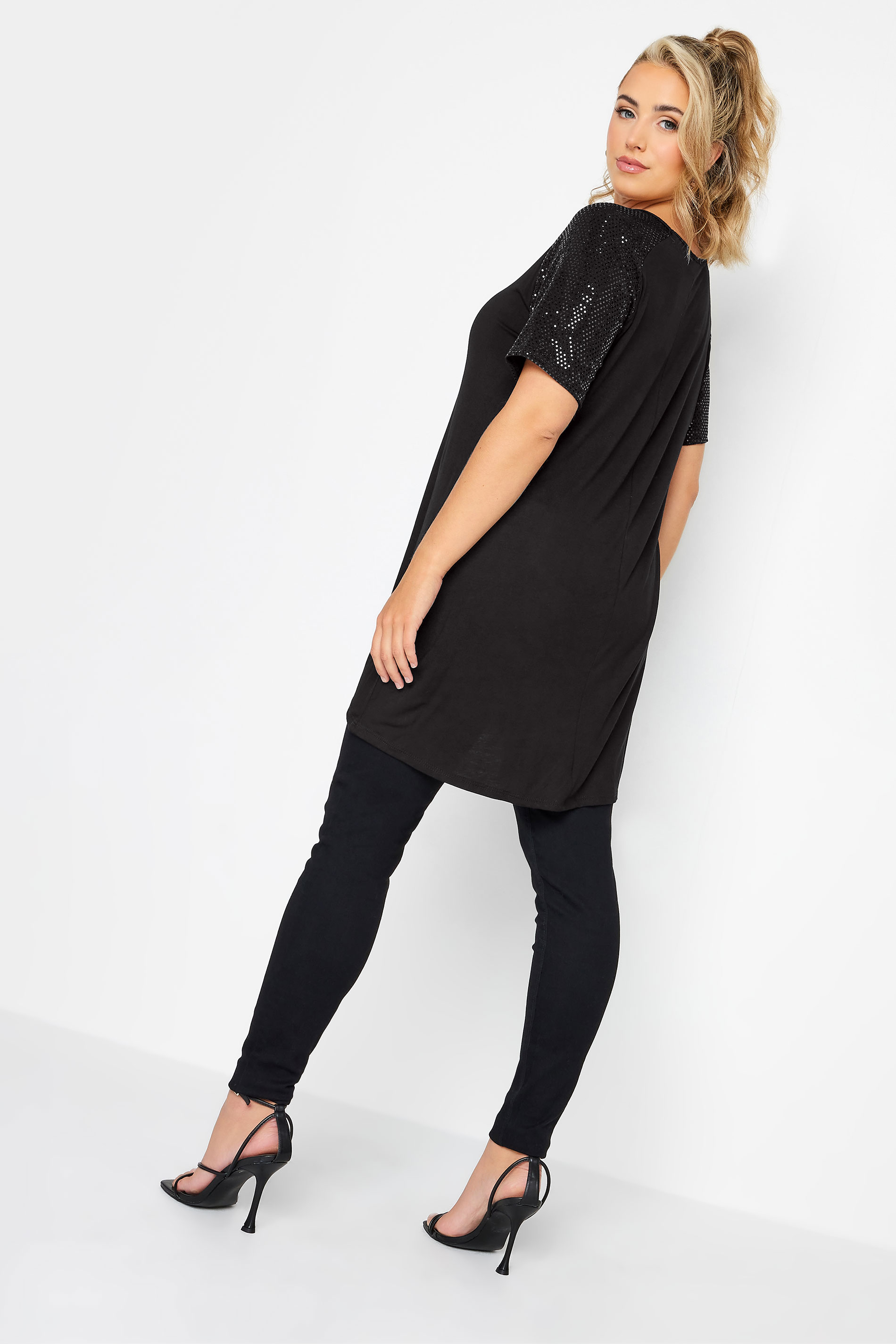 Plus Size Black Sequin Shoulder T-Shirt | Yours Clothing 3