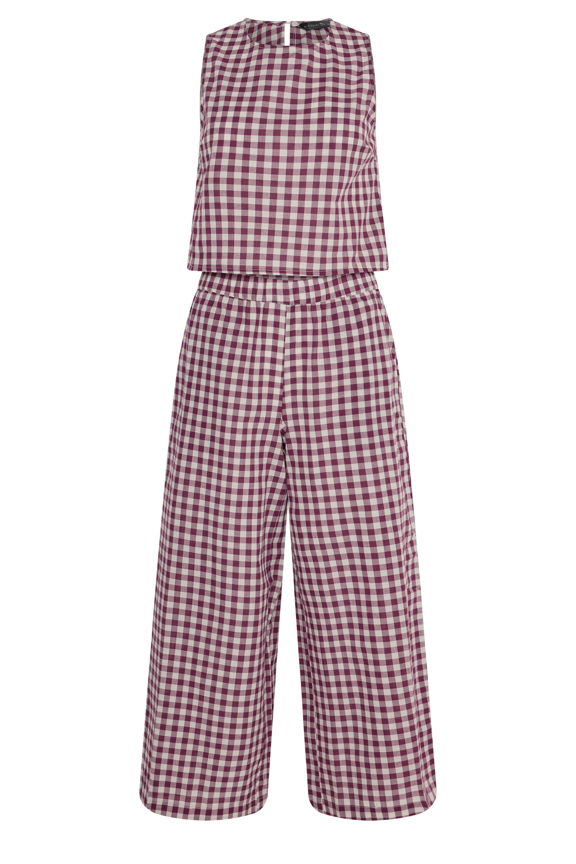 PixieGirl Petite Women's Set Burgundy Red Gingham Cotton Top & Wide Leg Trousers | PixieGirl 5
