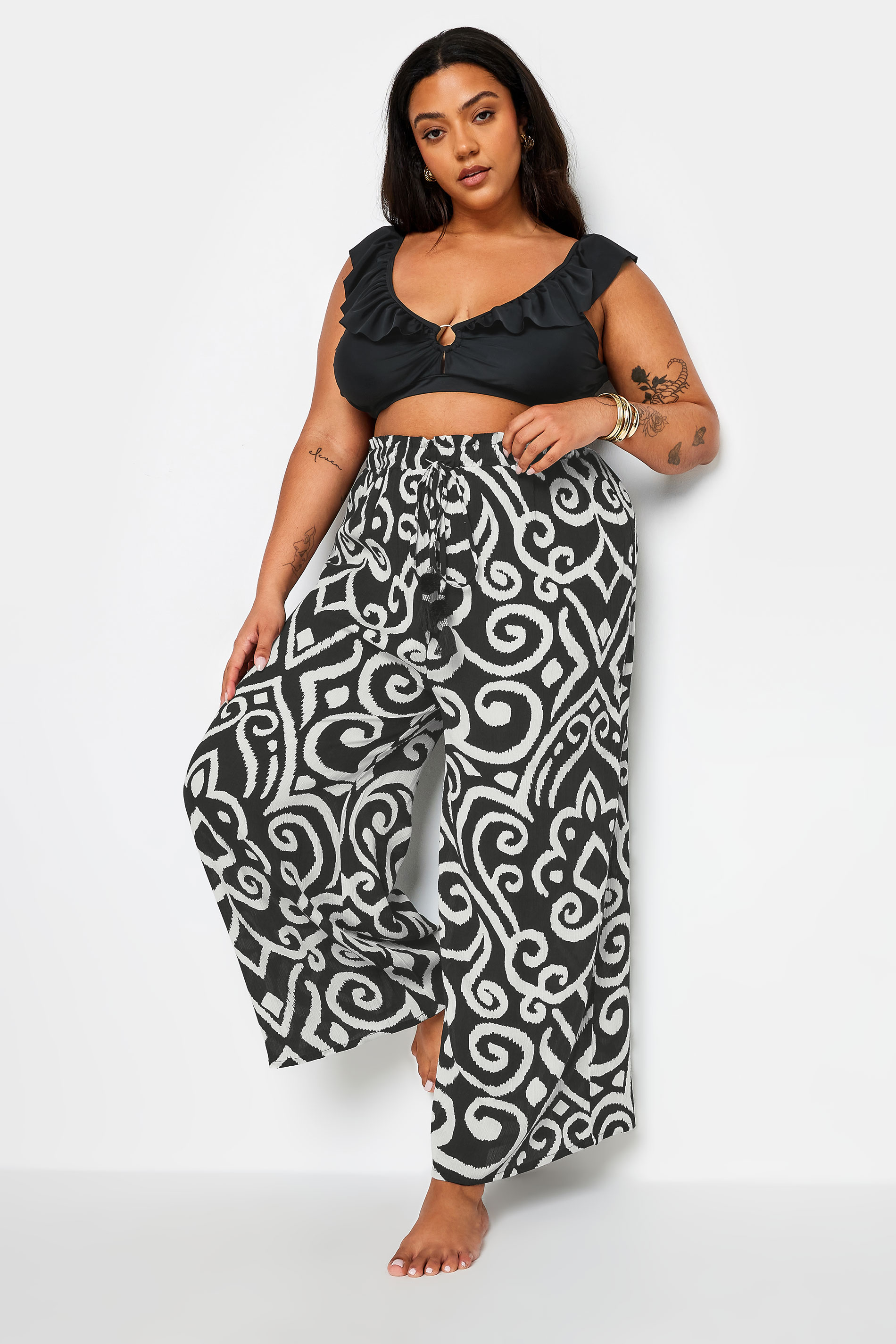 YOURS Plus Size Black Abstract Print Crinkle Tassel Trousers | Yours Clothing 2