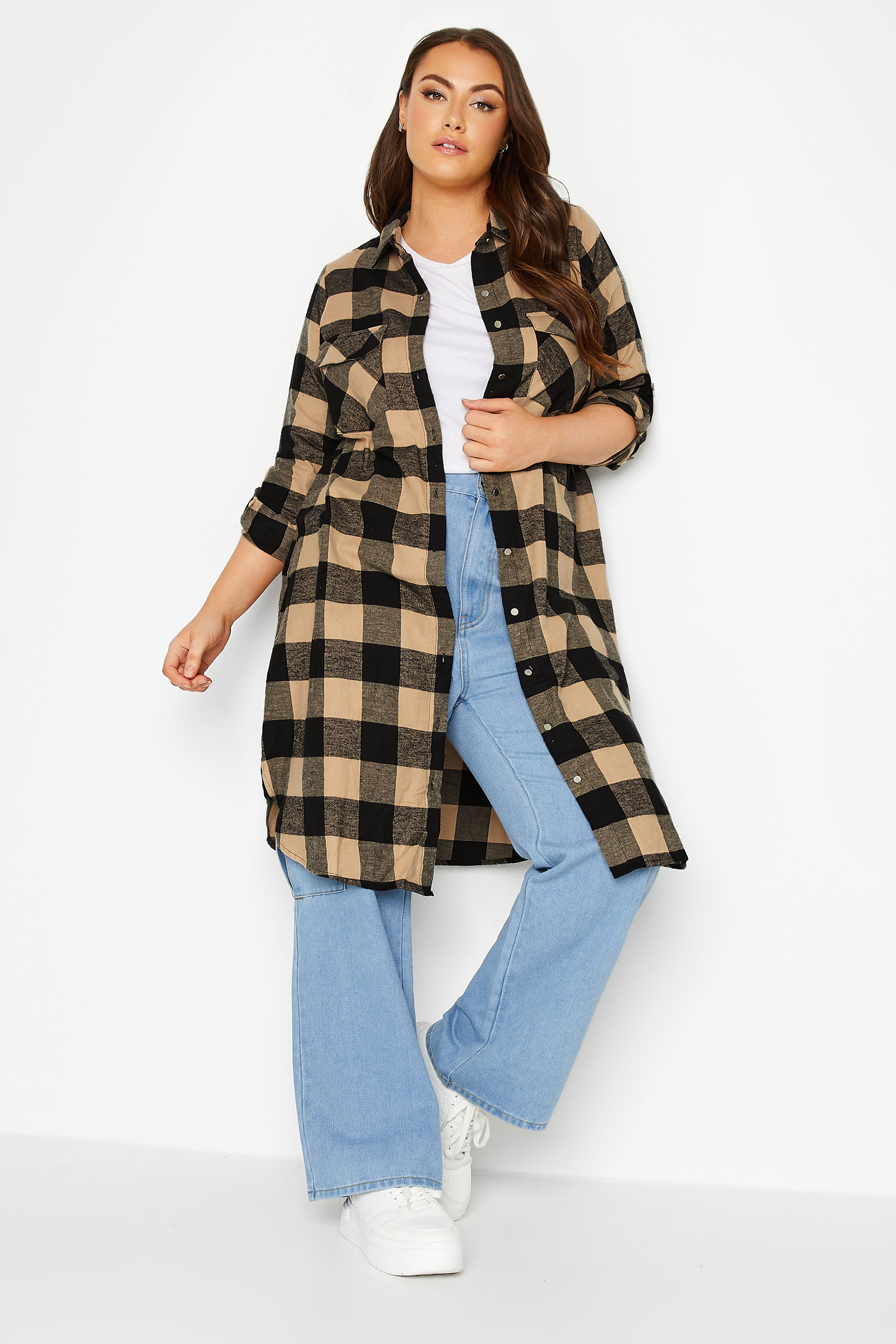Plus Size Beige Brown Check Longline Shirt | Yours Clothing 1
