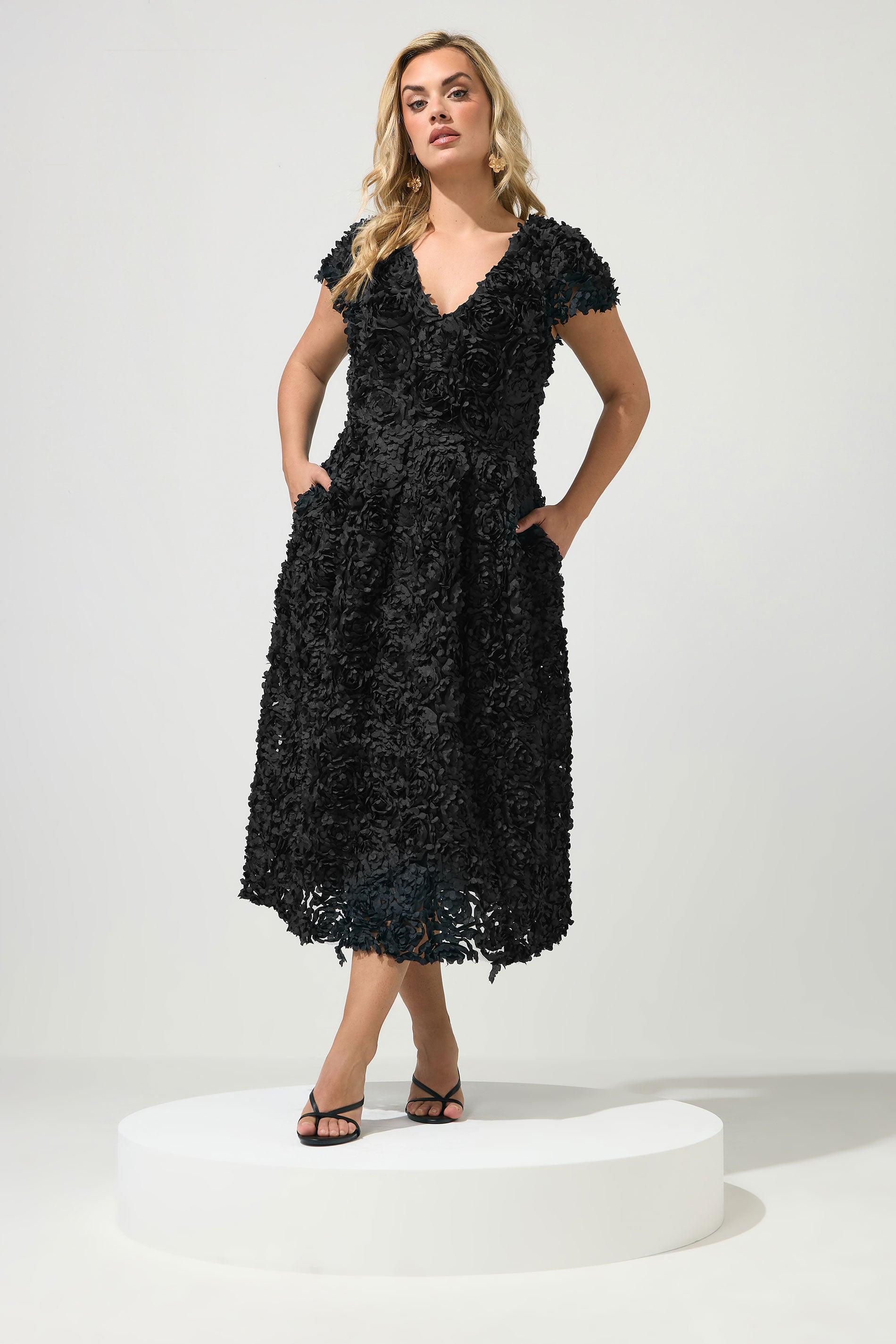 YOURS LONDON Plus Size Black 3D Floral Skater Dress | Yours Clothing 3