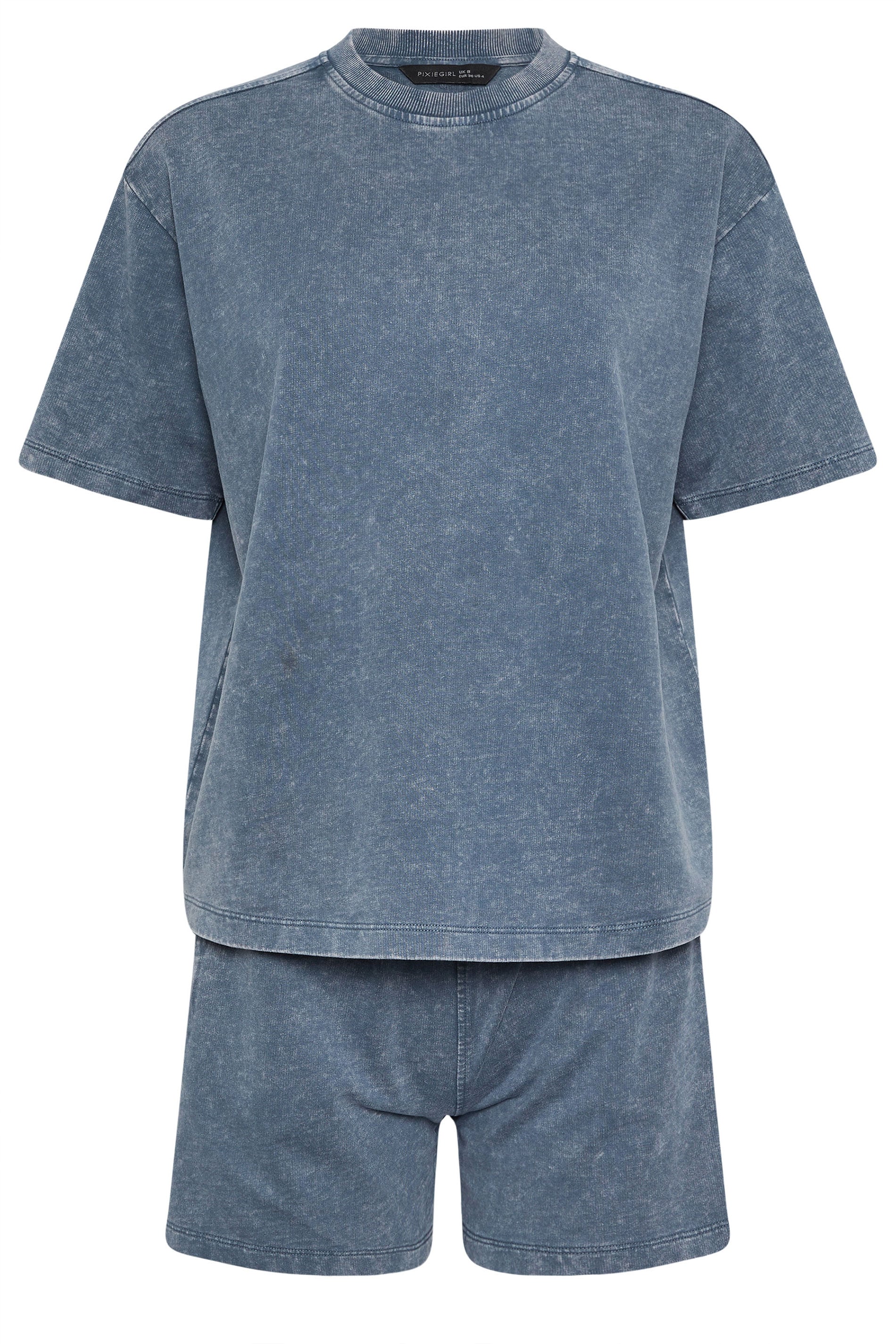 PixieGirl Petite Women's Set Blue Acid Wash Cotton T-Shirt & Shorts | PixieGirl 6