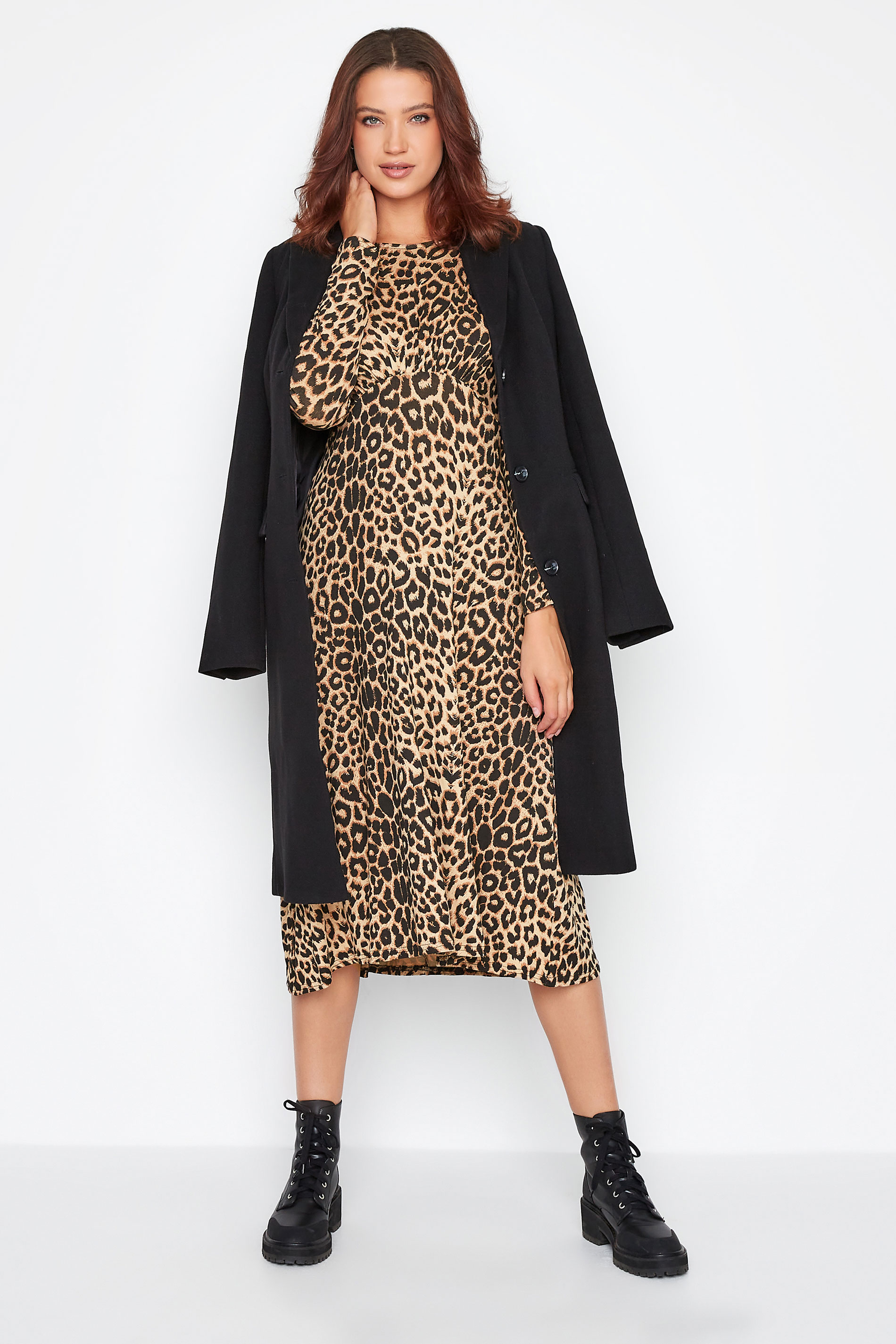 LTS Tall Women's Brown Leopard Print Long Sleeve Tea Dress | Long Tall Sally 1