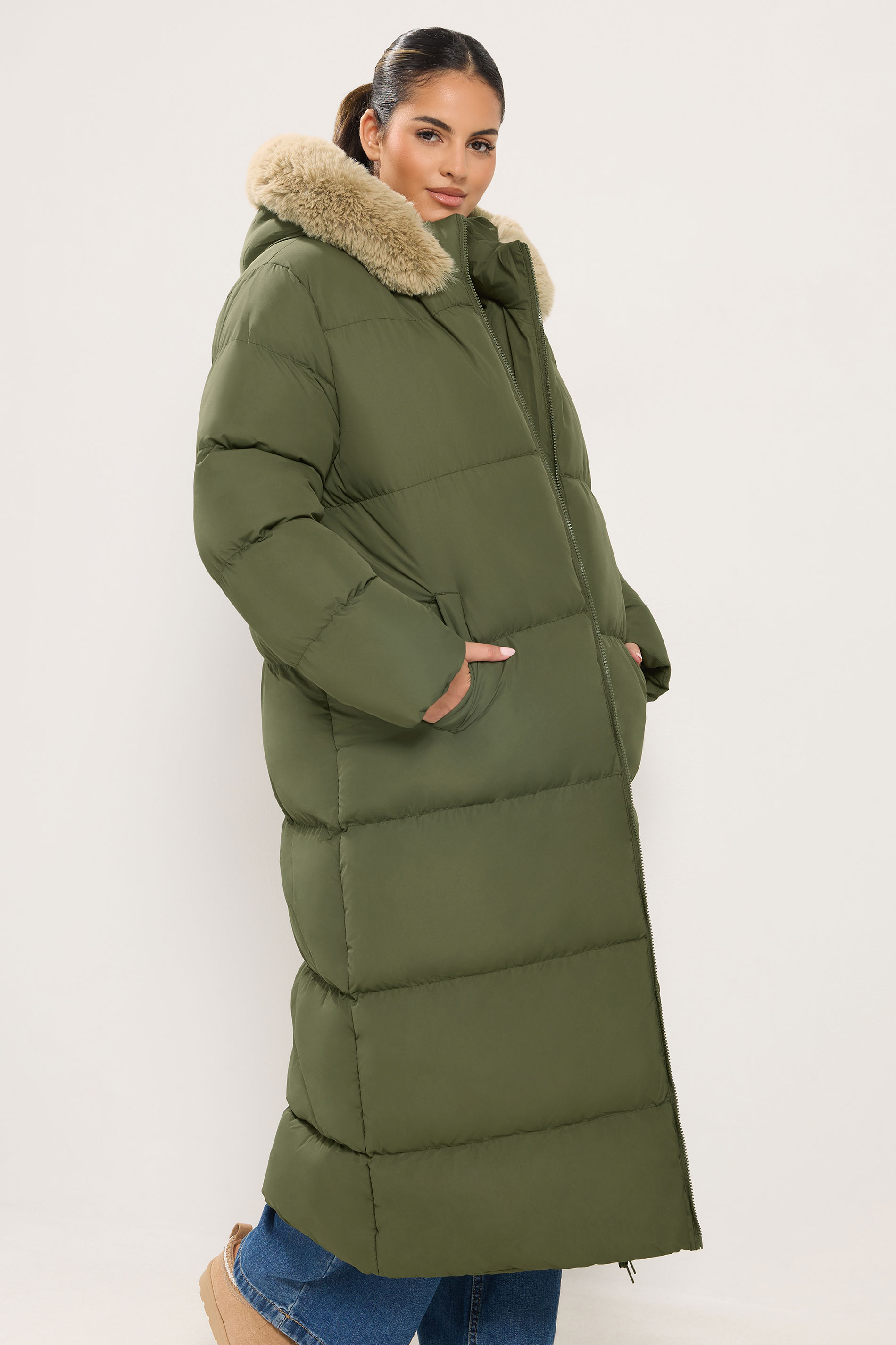 Yours Groene Gewatteerde Pufferjas Met Imitatiebontkraag Size 42