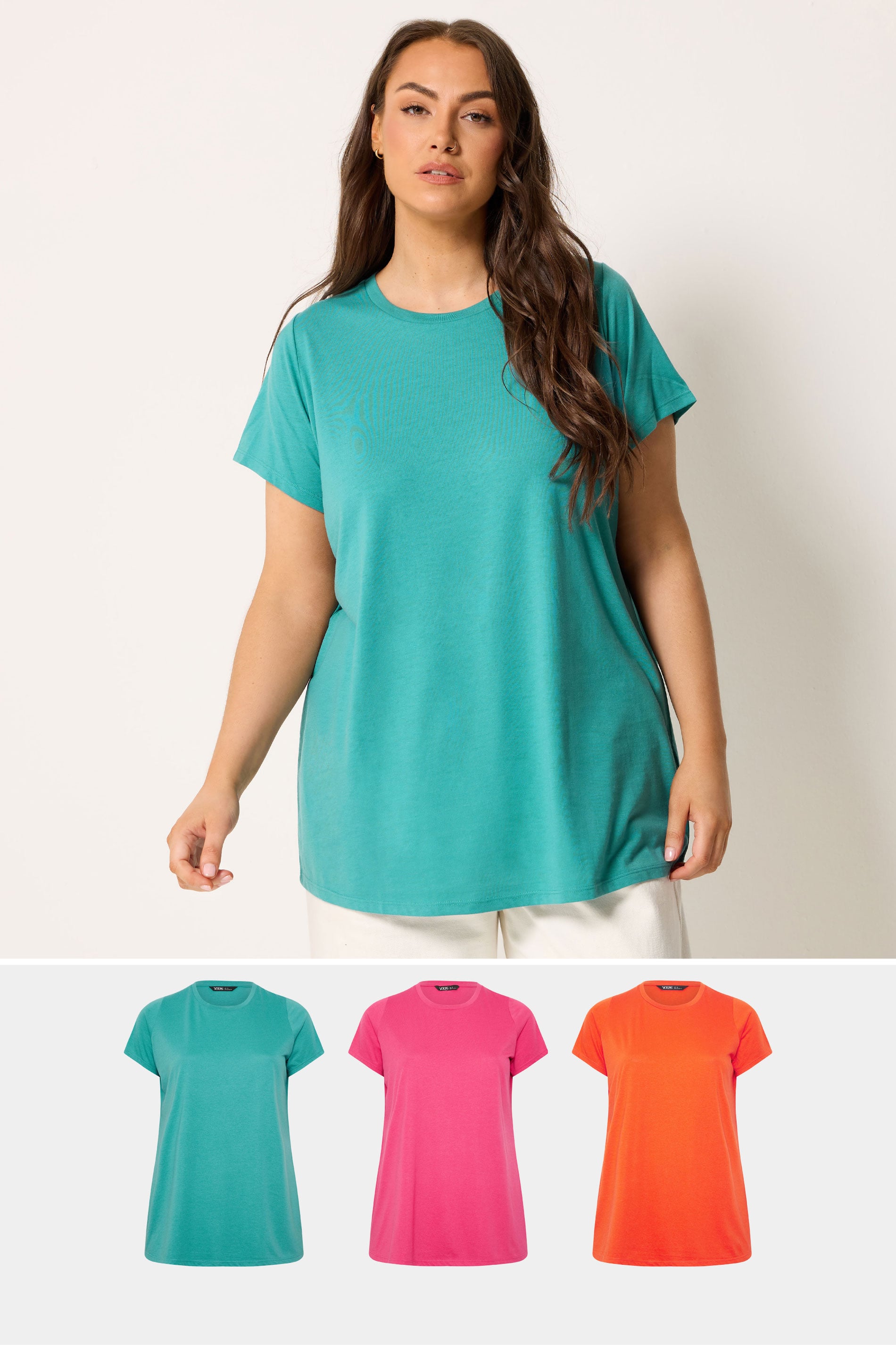 YOURS 3 PACK Plus Size Teal Blue & Pink Core T-Shirts | Yours Clothing 1