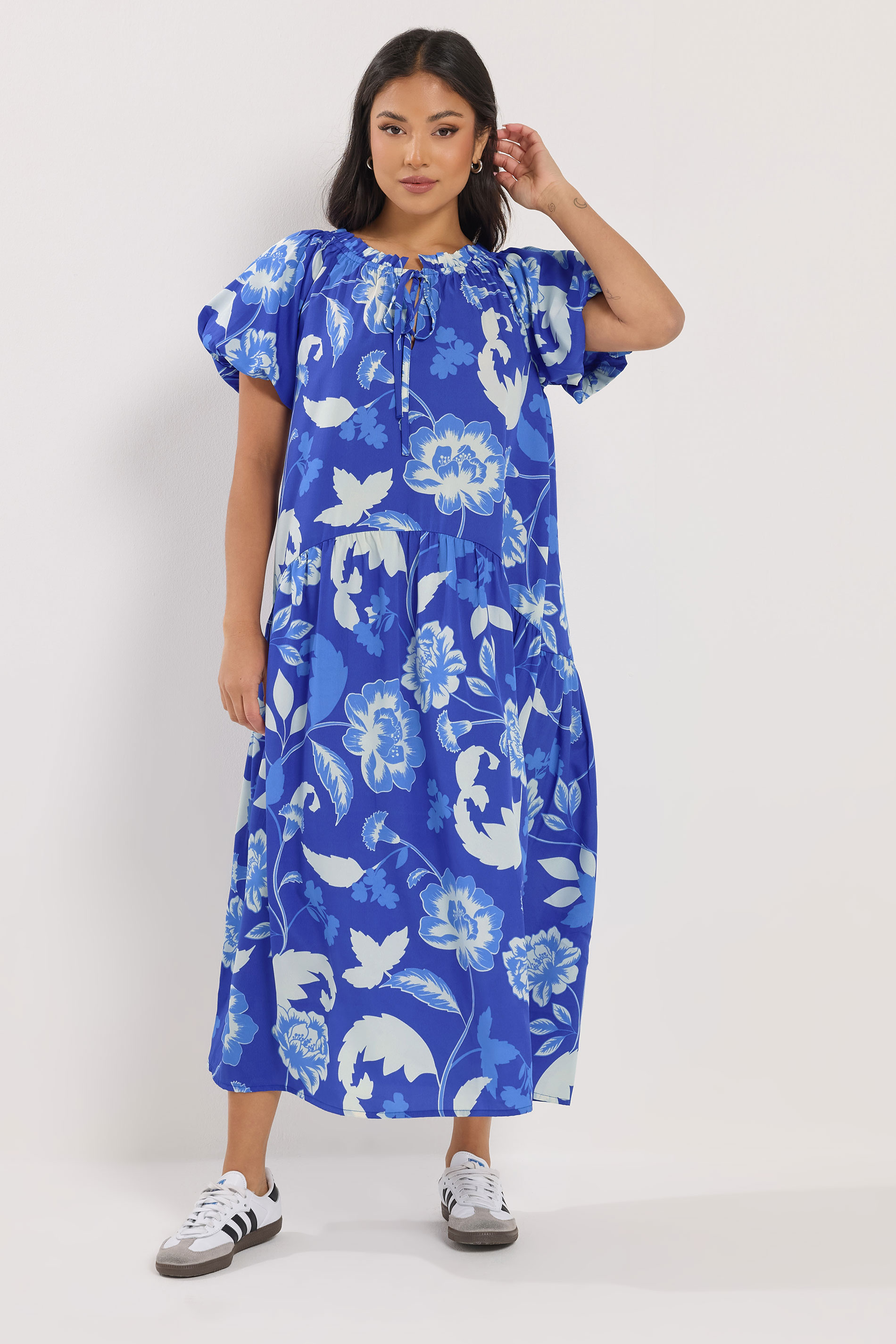 PixieGirl Petite Women's Blue Floral Tie Neck Midi Dress | PixieGirl 2