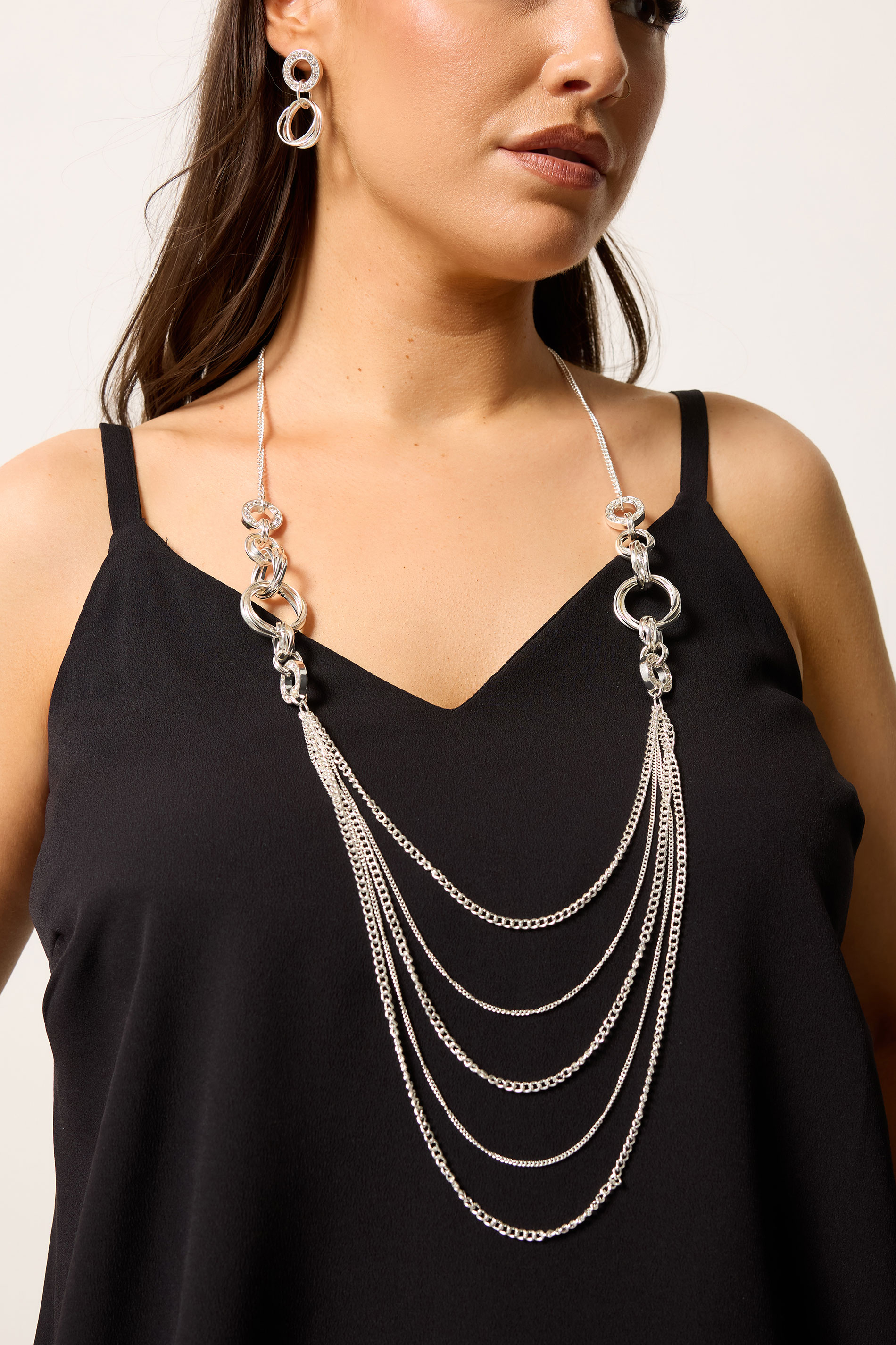 Silver Tone Long Layered Necklace & Earrings Set | Ypurs Clothing 1