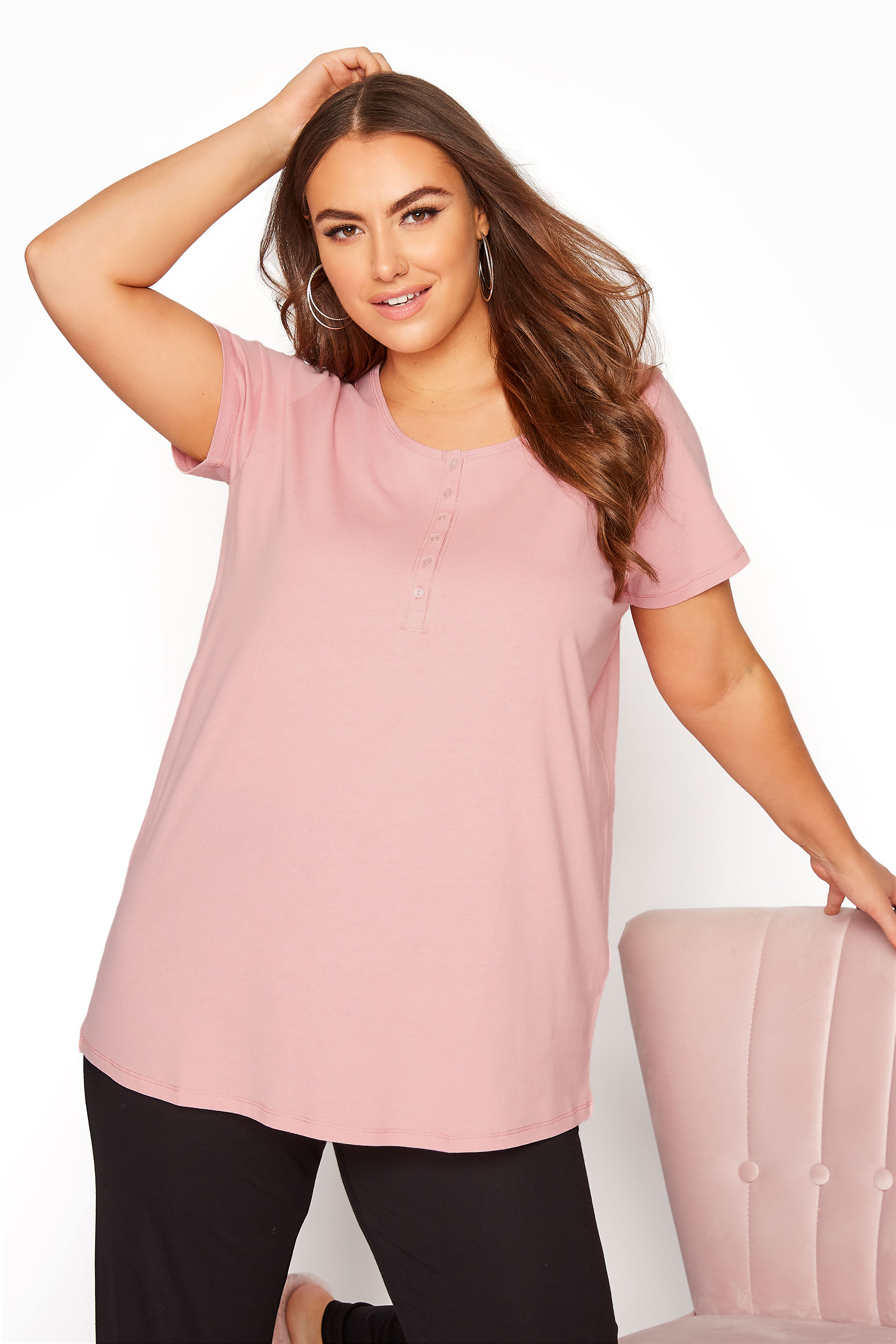 Plus Size Pink Button Scoop Neck Pyjama Top | Yours Clothing 1