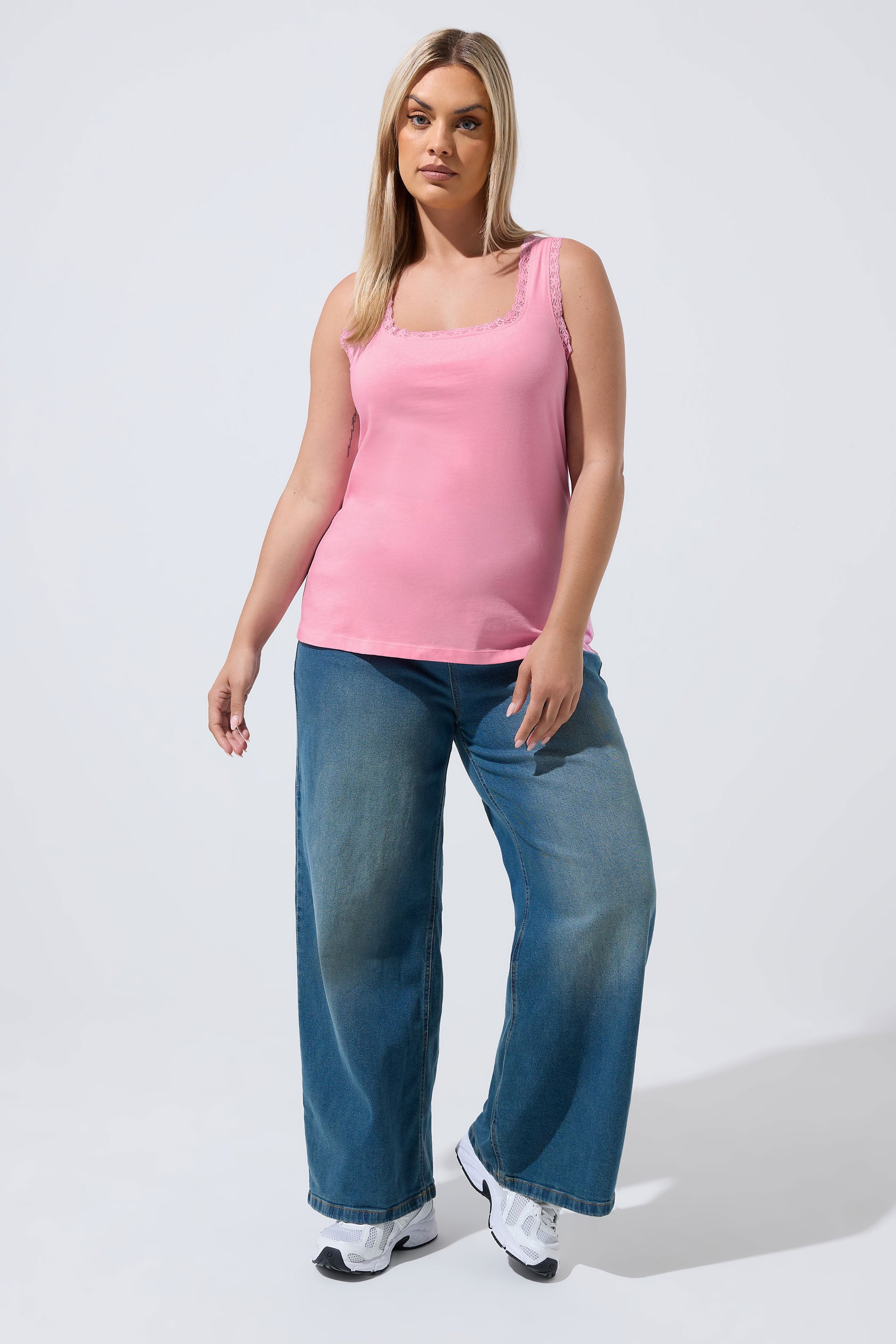 LIMITED COLLECTION Plus Size Pink Lace Trim Vest Top | Yours Clothing 1