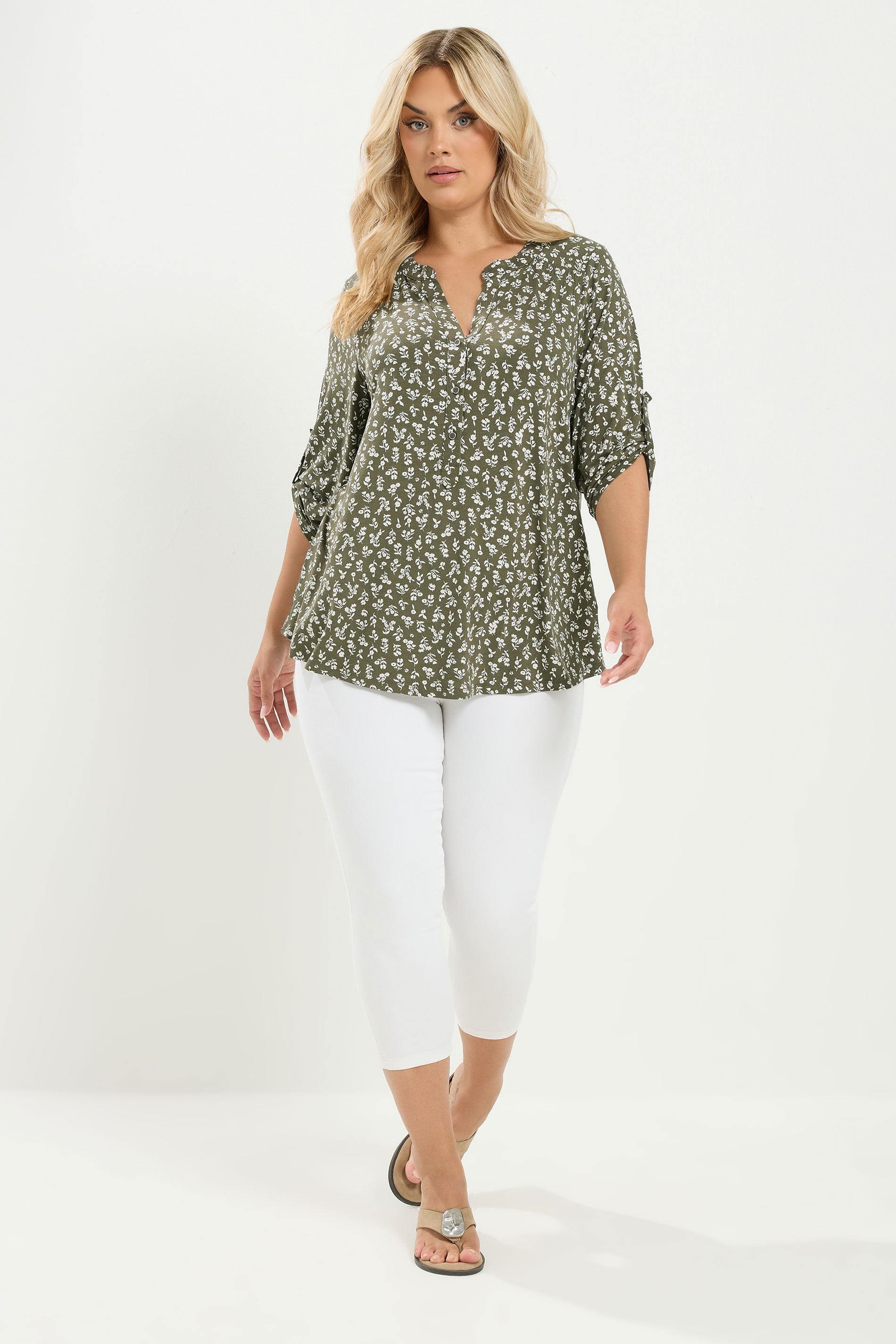 YOURS Plus Size Khaki Green Ditsy Floral Top | Yours Clothing 1