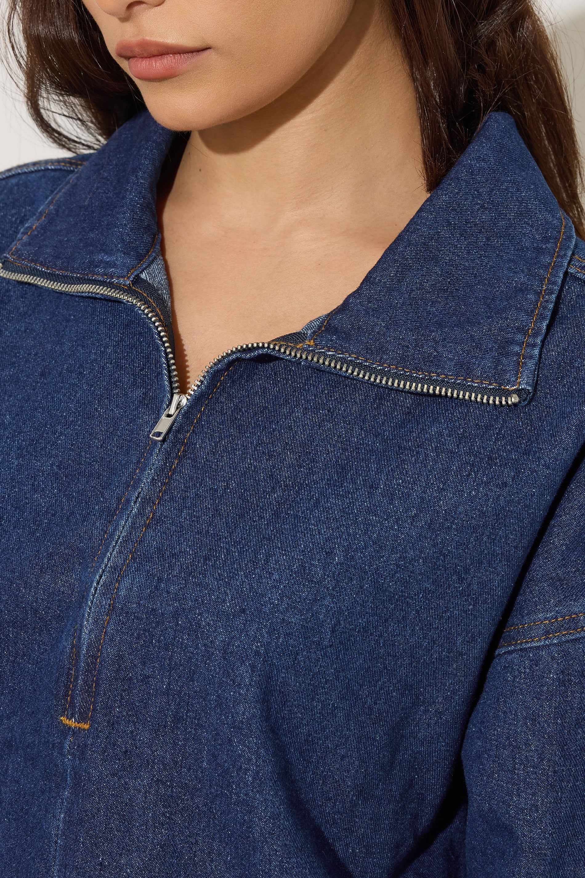 PixieGirl Petite Women's Dark Blue Denim Quarter Zip Cotton Top | PixieGirl 8