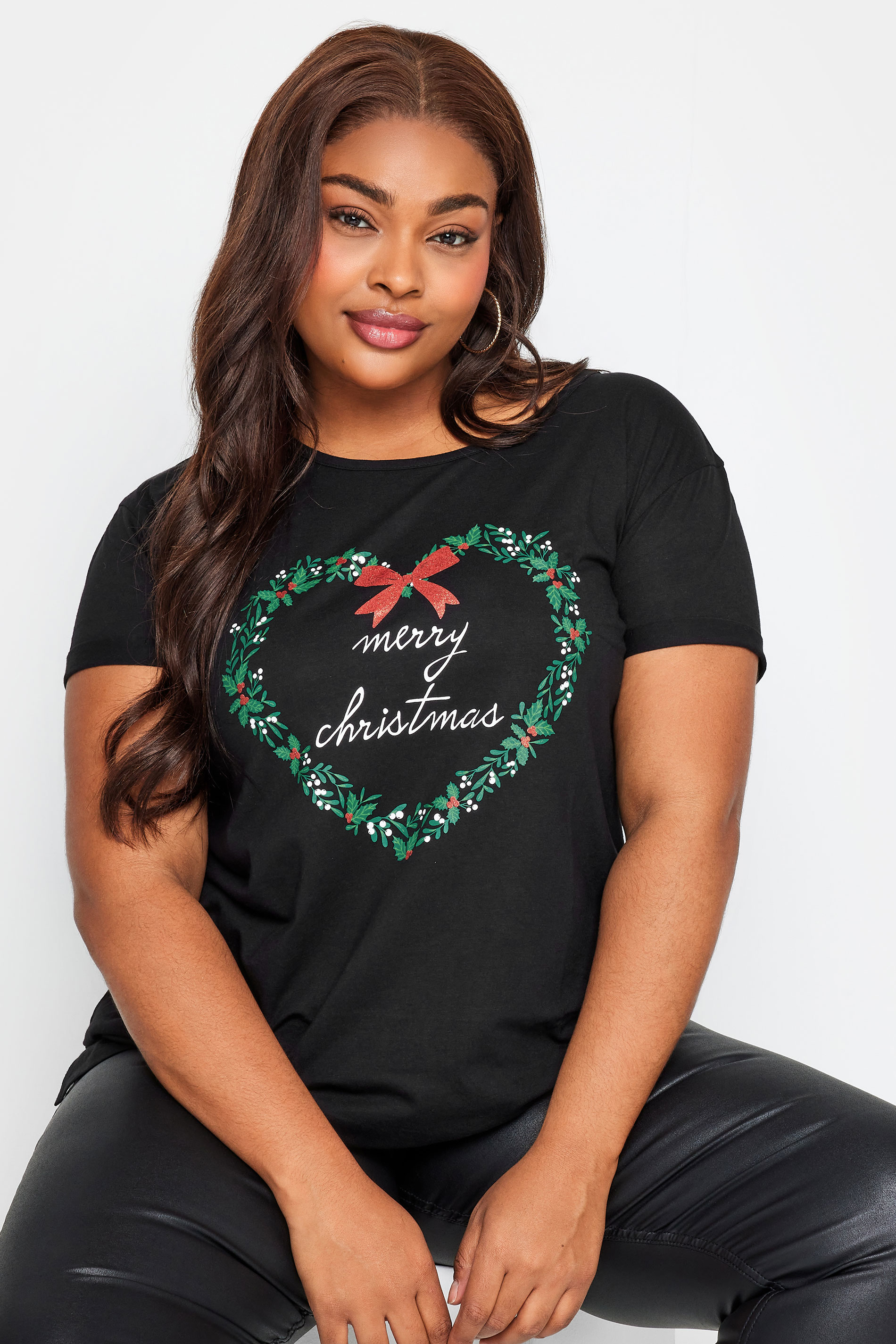 YOURS Plus Size Black 'Merry Christmas' Slogan T-Shirt | Yours Clothing 1