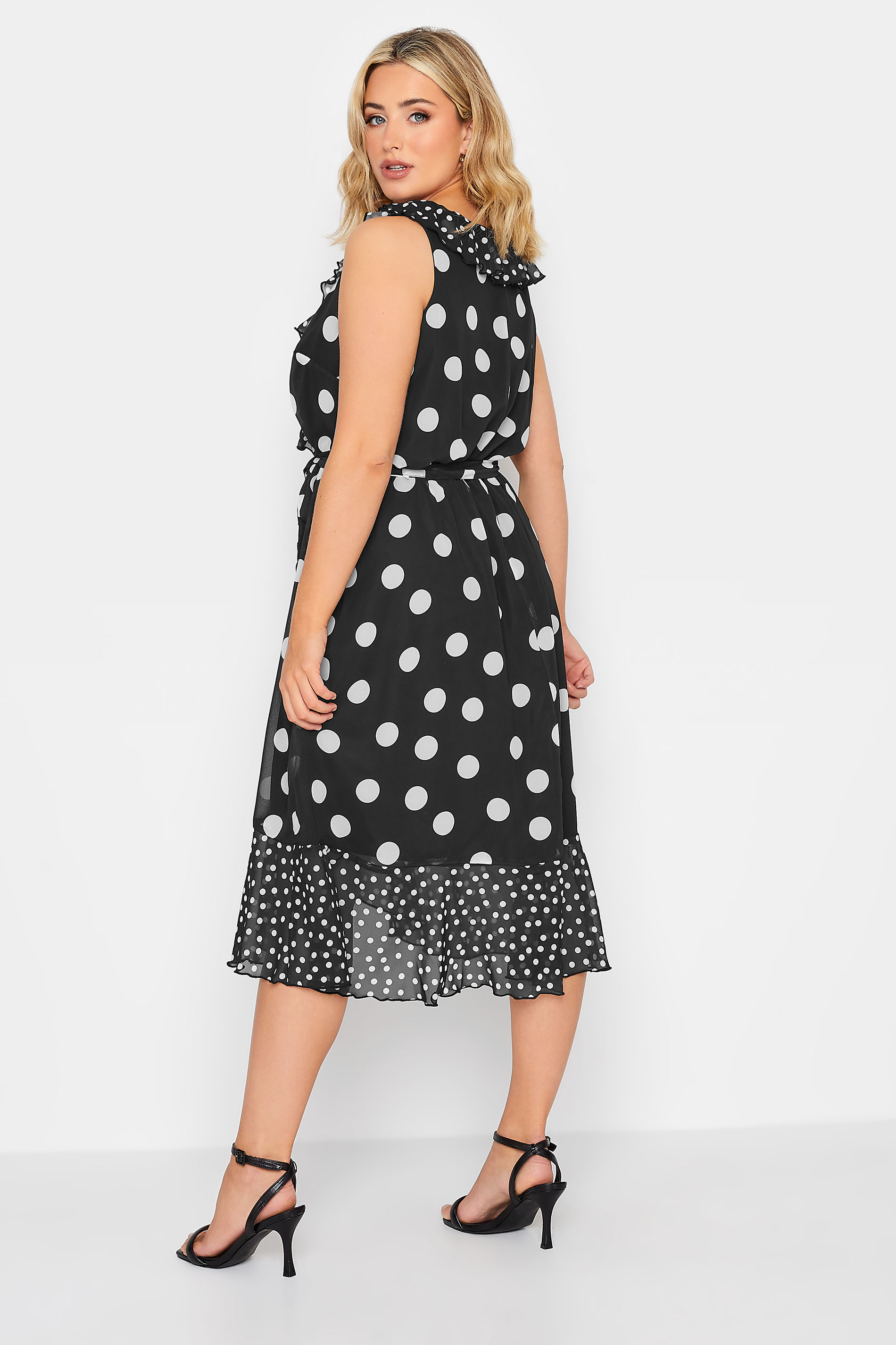 YOURS LONDON Curve Plus Size Black Polka Dot Print Double Ruffle Wrap Dress | Yours Clothing  3