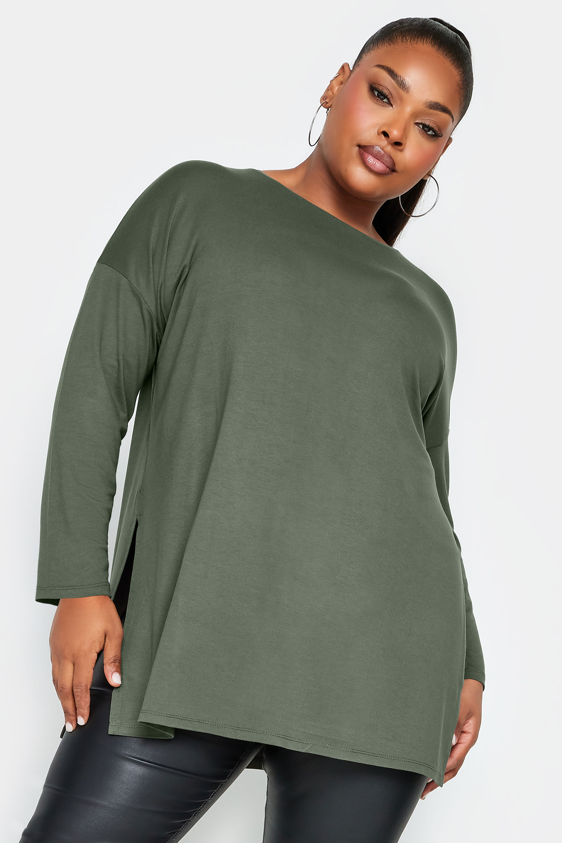 YOURS Plus Size Khaki Green Oversized Long Sleeve T-Shirt | Yours Clothing 1