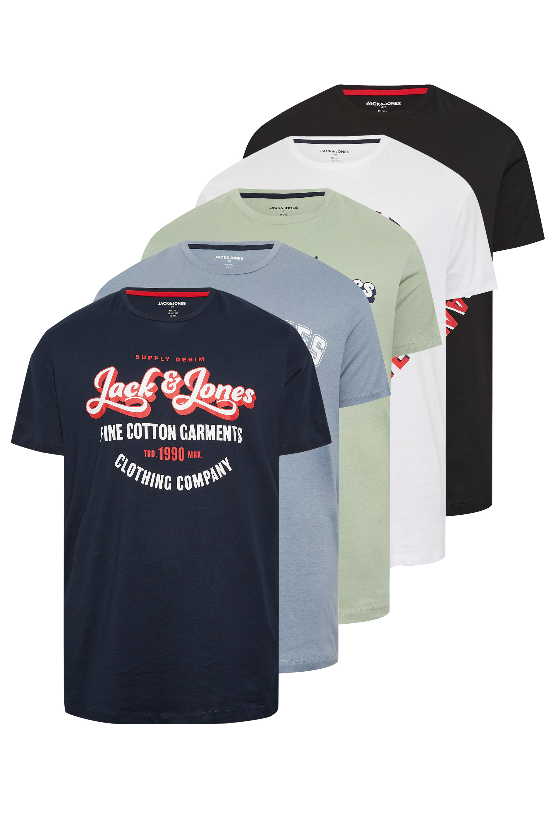 JACK & JONES Big & Tall 5 PACK Black & Blue Logo Printed T-Shirts | BadRhino 3