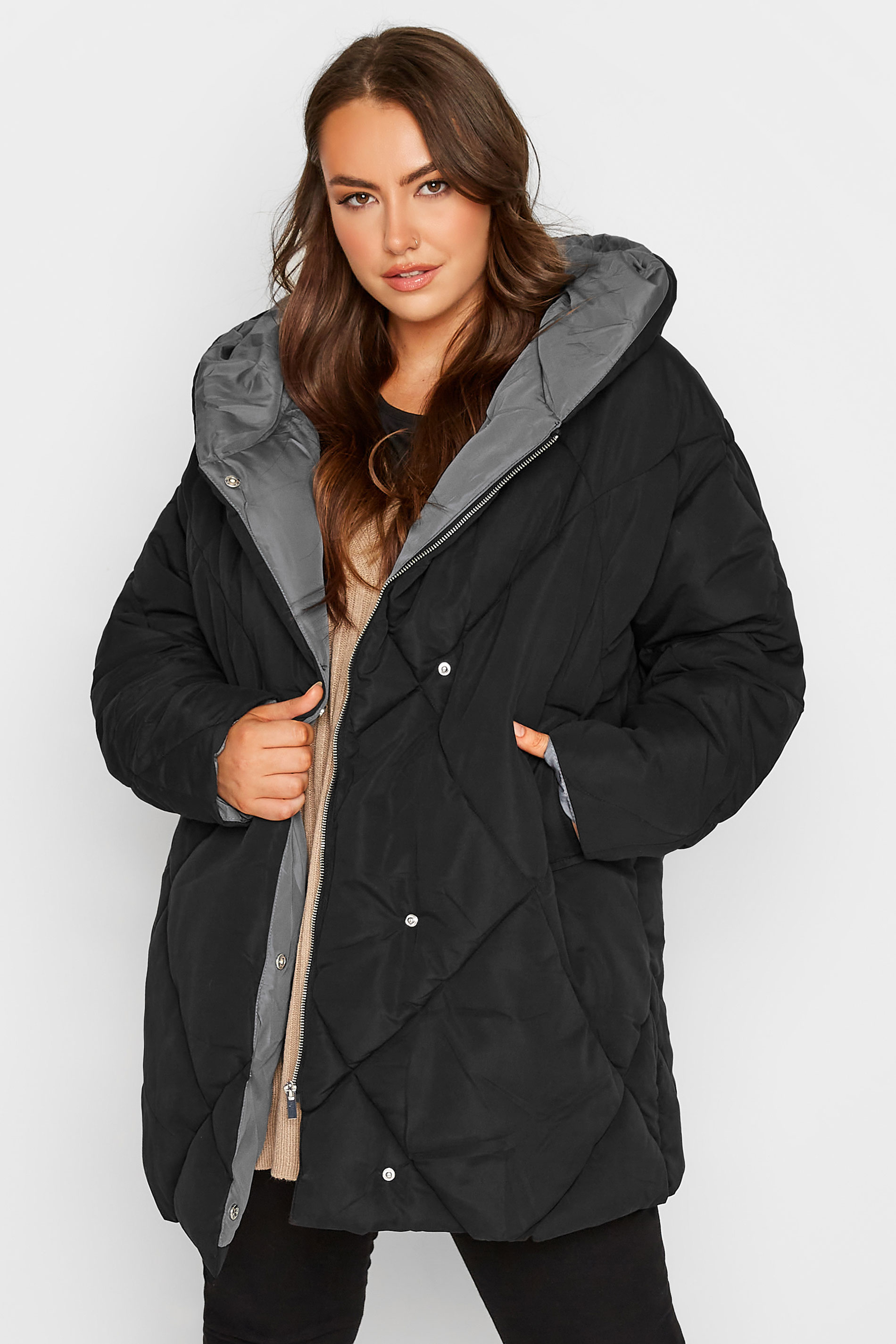 Plus Size Black Quilted Shawl Collar Coat | Yours Clothing 1