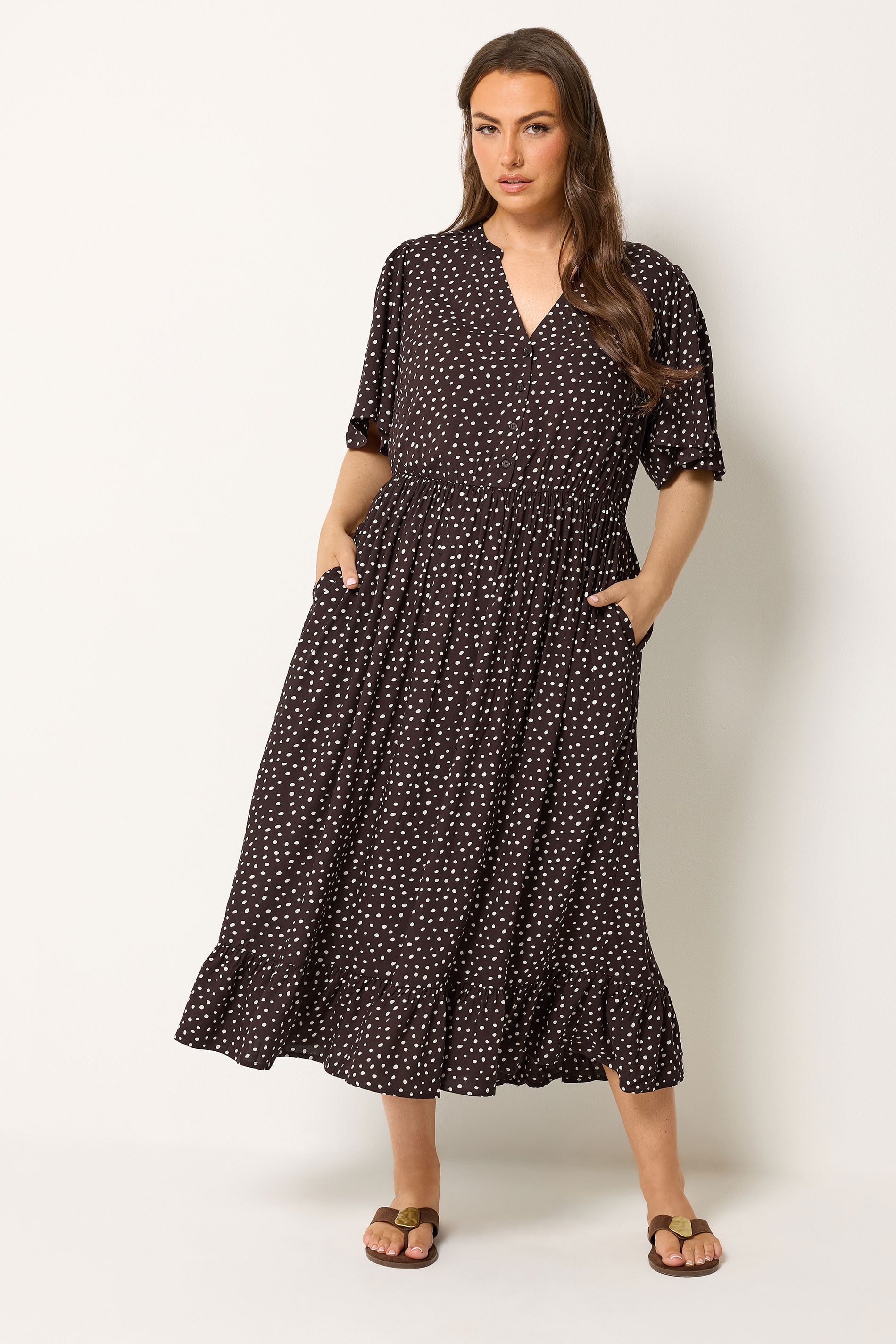 YOURS Plus Size Brown Spot Print Notch Neck Maxi Dress | Yours Clothing 1