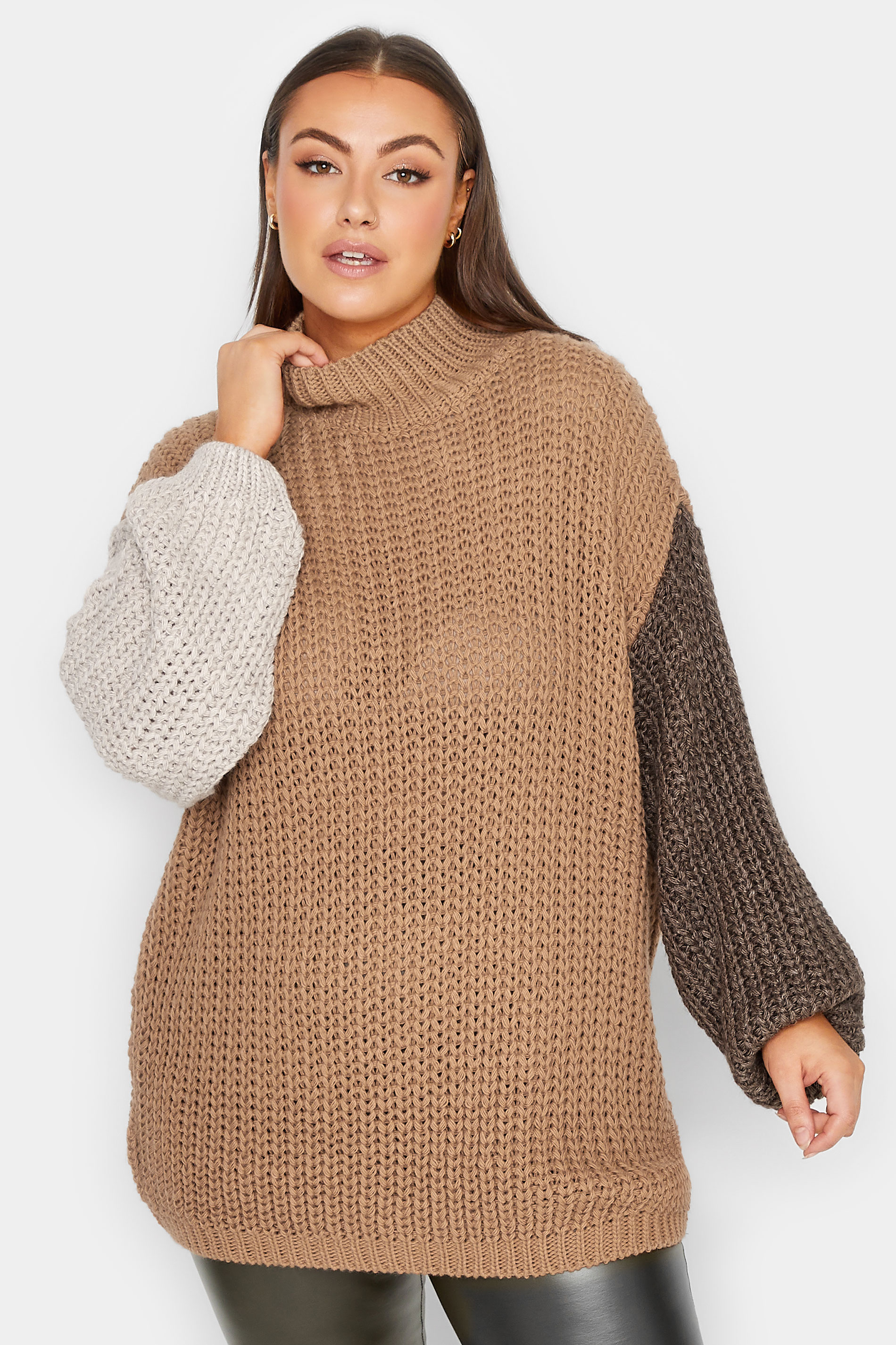YOURS LUXURY Plus Size Beige Brown Colour Block Sleeve Jumper | Yours Clothing 1