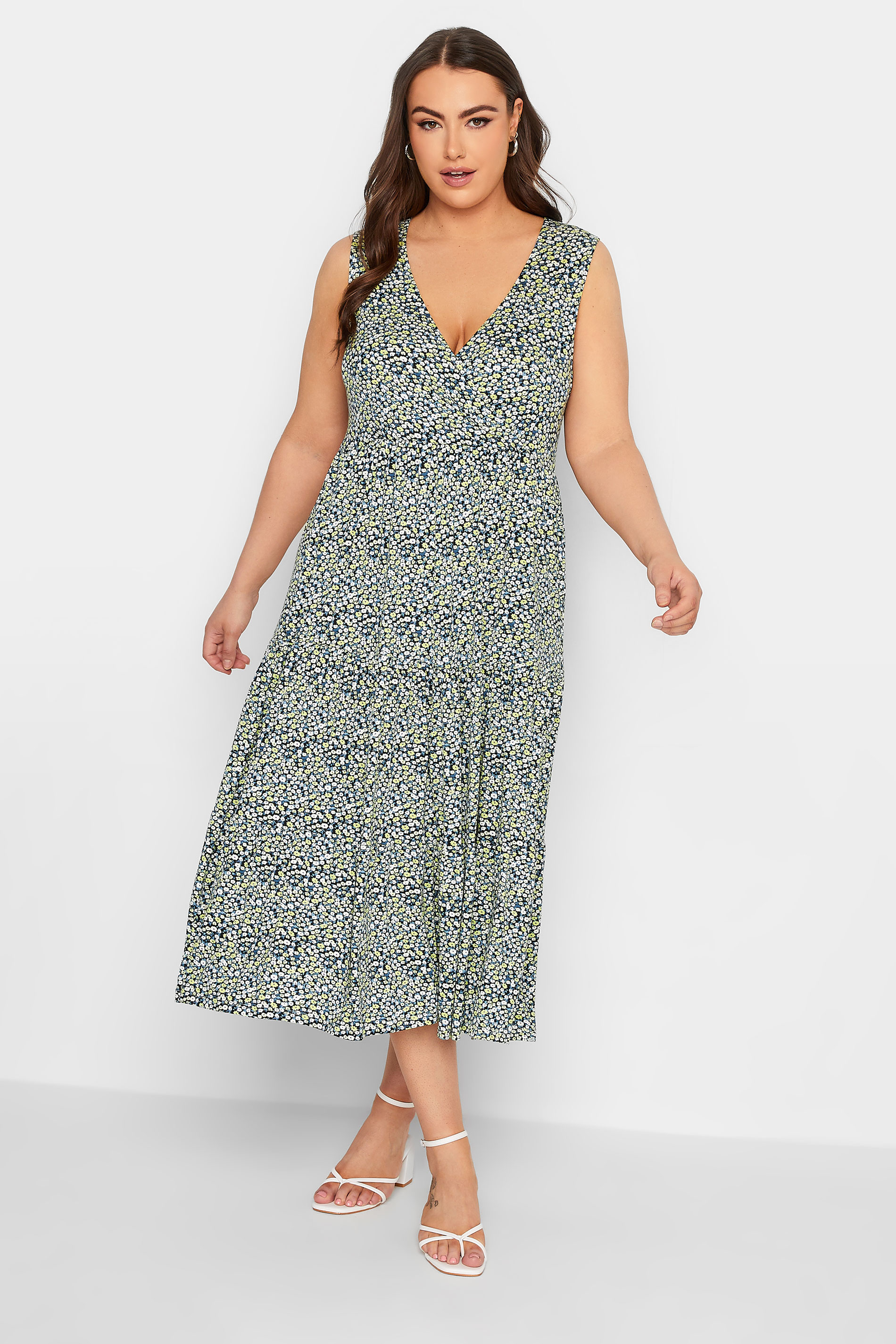 YOURS Curve Plus Size Blue Floral Ditsy Print Maxi Wrap Dress | Yours Clothing  1