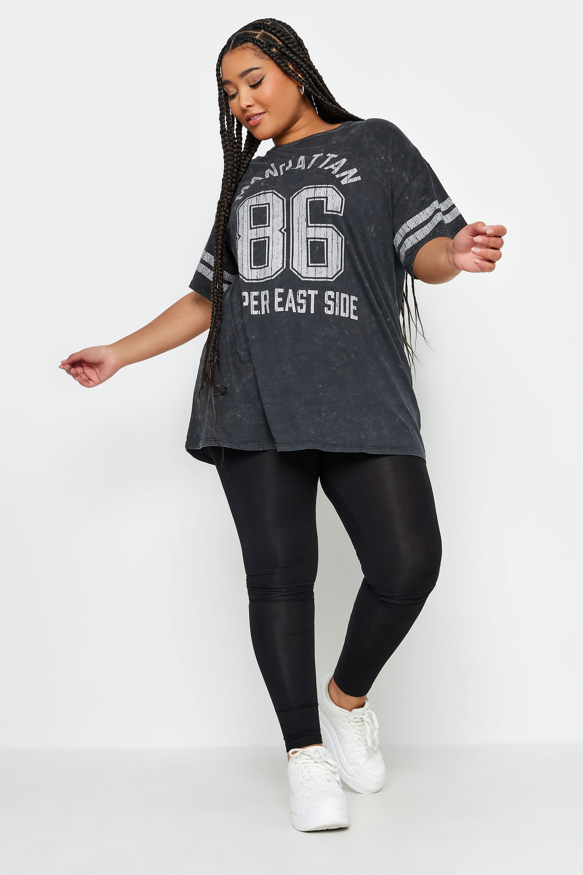 YOURS Plus Size Charcoal Grey 'Manhattan' Slogan Acid Wash Varsity T-Shirt | Yours Clothing 3