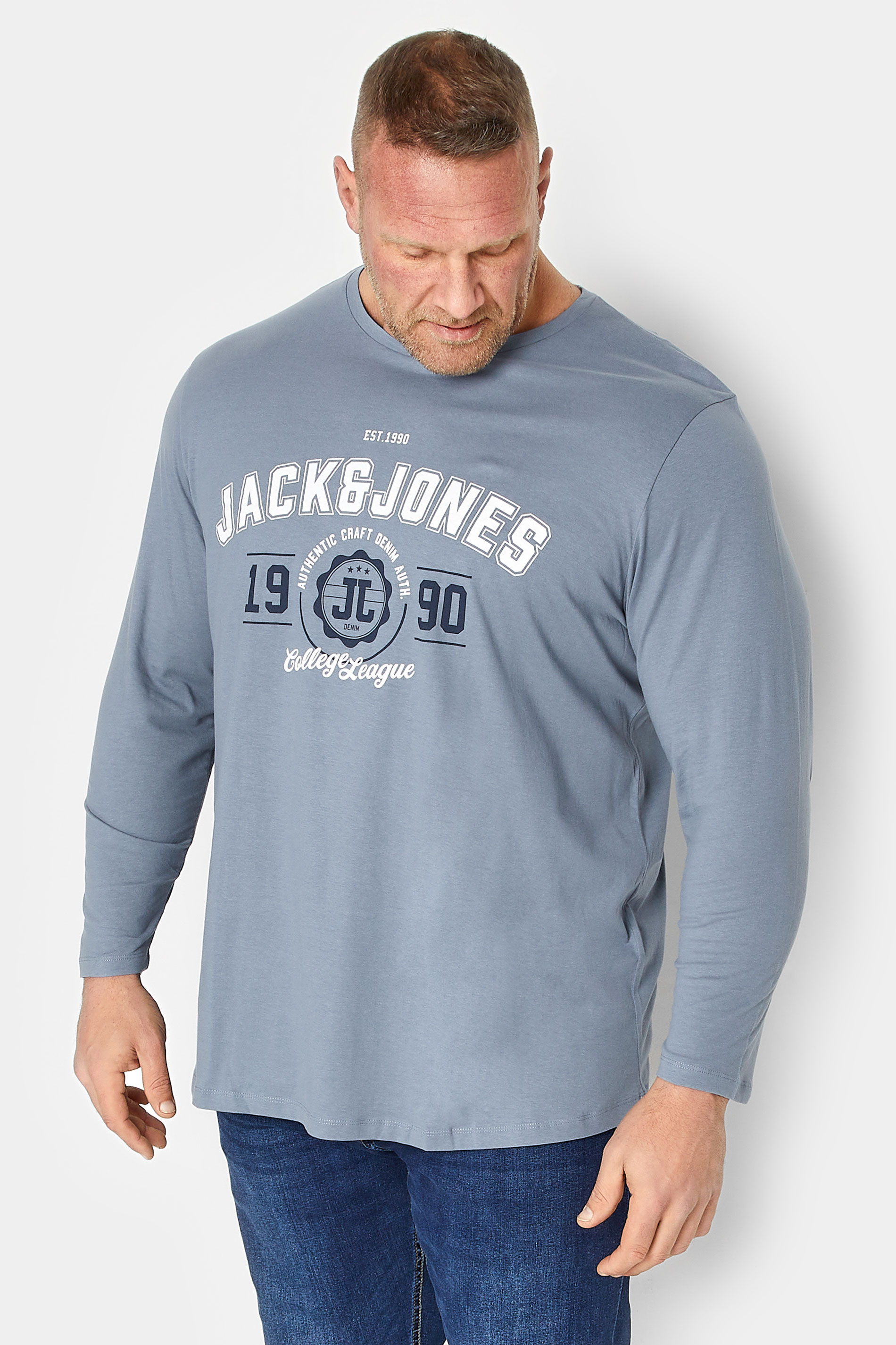 JACK & JONES Big & Tall Big & Tall Light Blue Printed Long Sleeve T-Shirt | BadRhino 1