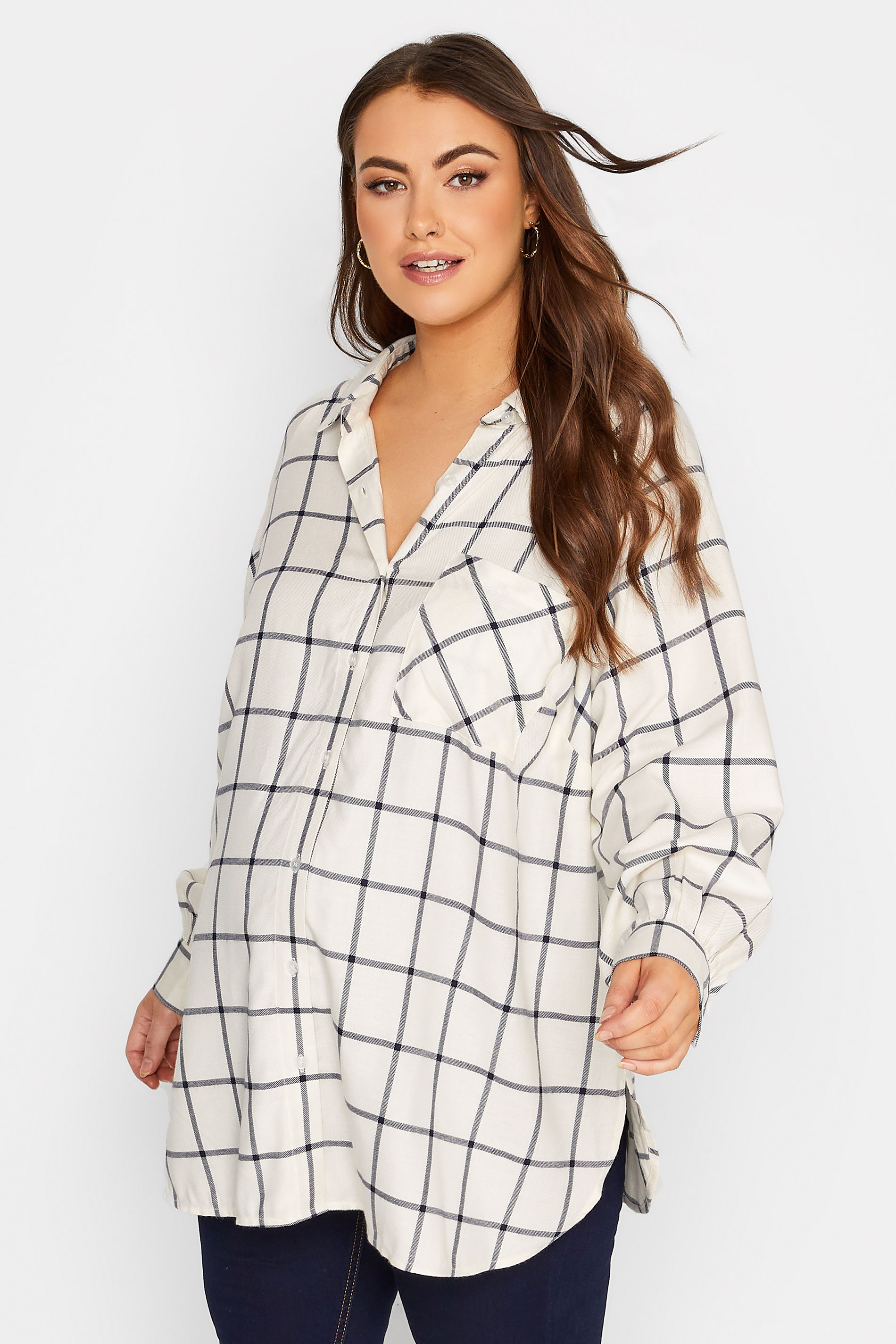 BUMP IT UP MATERNITY Curve White & Black Check Long Sleeve Shirt | Yours Clothing 1
